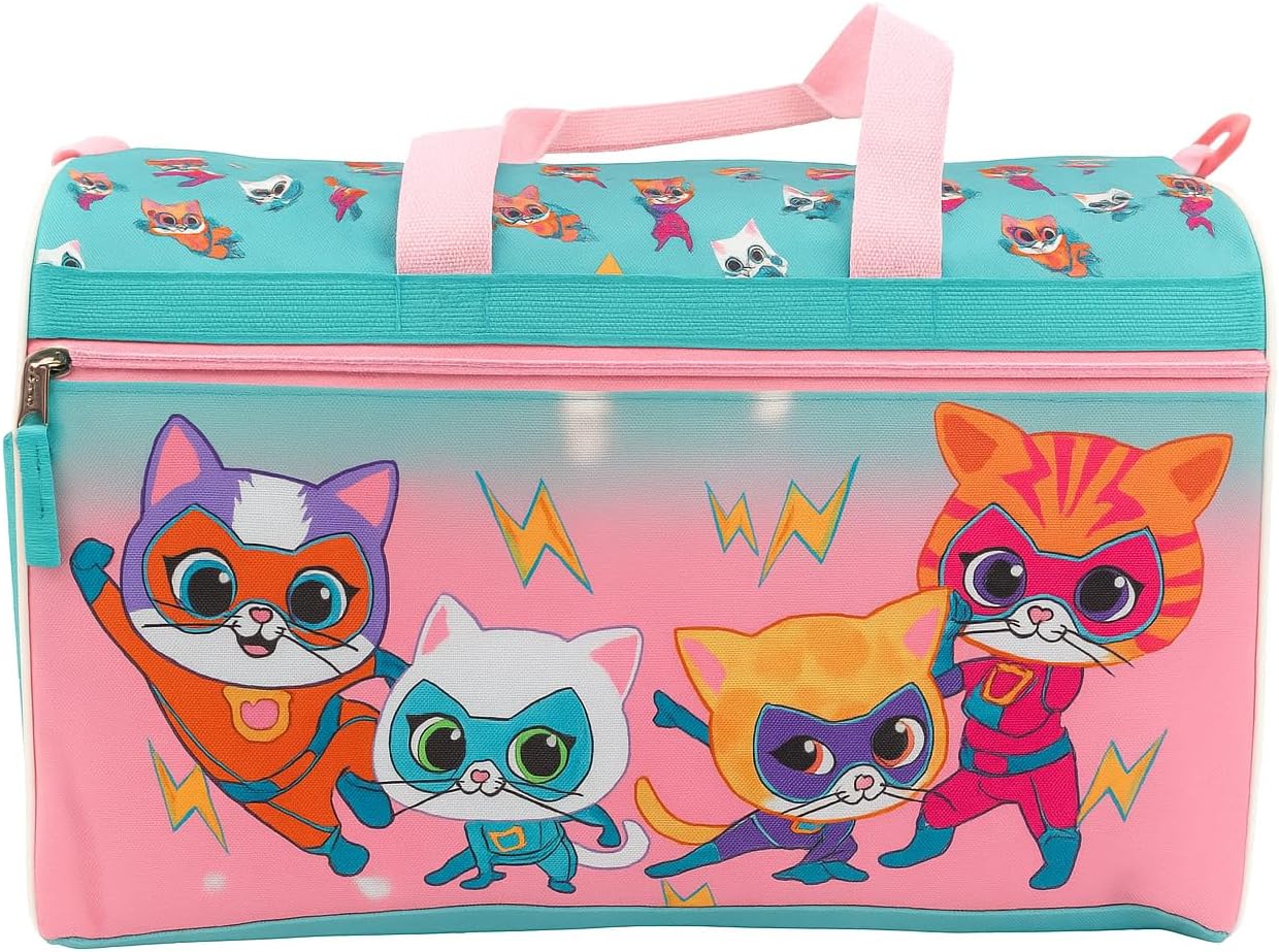 Kids Character Duffle Bag 16.5" – Travel & Sports Bag with Zipper Pocket, Mesh Side Pockets & Adjustable Strap, Superkitties, Licensed Character Kids Duffle Bag