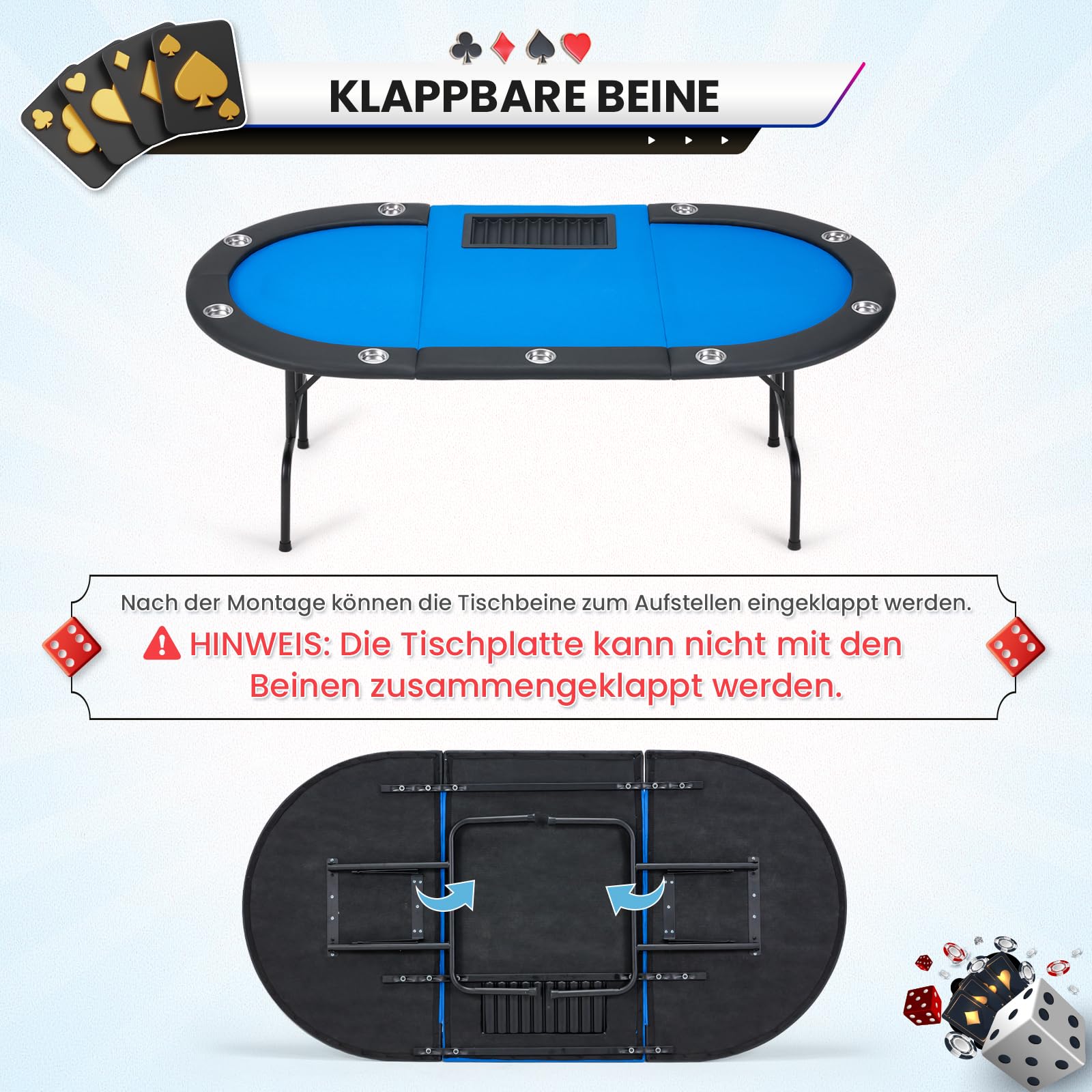 AVAWING Pokertisch Klappbar 9 Spieler, Spieltisch mit Getränkehalter aus Edelstahl (Blau)