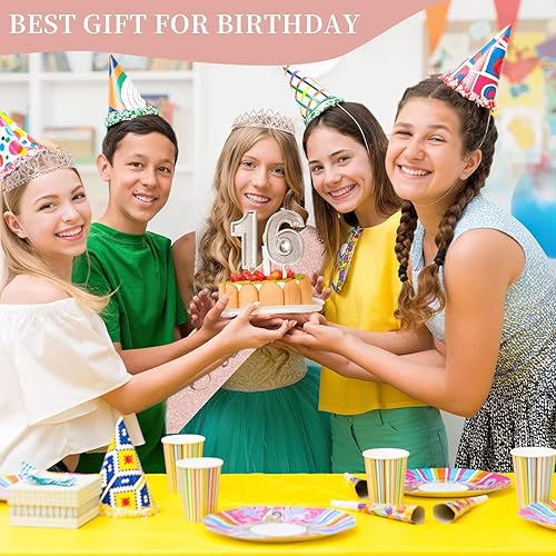 Miniatura 9 de Decoraciones de cumpleaños de los Dulces16 para niñas, que incluyen adorno para pastel con el texto en inglés Sweet16, coronatiara, banda y velas