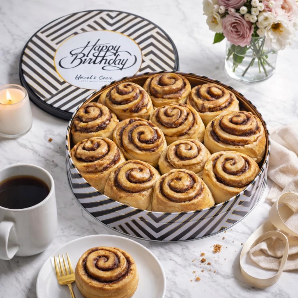 Birthday Cinnamon Rolls Gift Tin – Soft Baked Cinnamon Buns Pastries Individually Wrapped – Gourmet Bakery Treat in Reusable Tin – Happy Birthday Food Gift Basket for Him, Her, Family & Friends