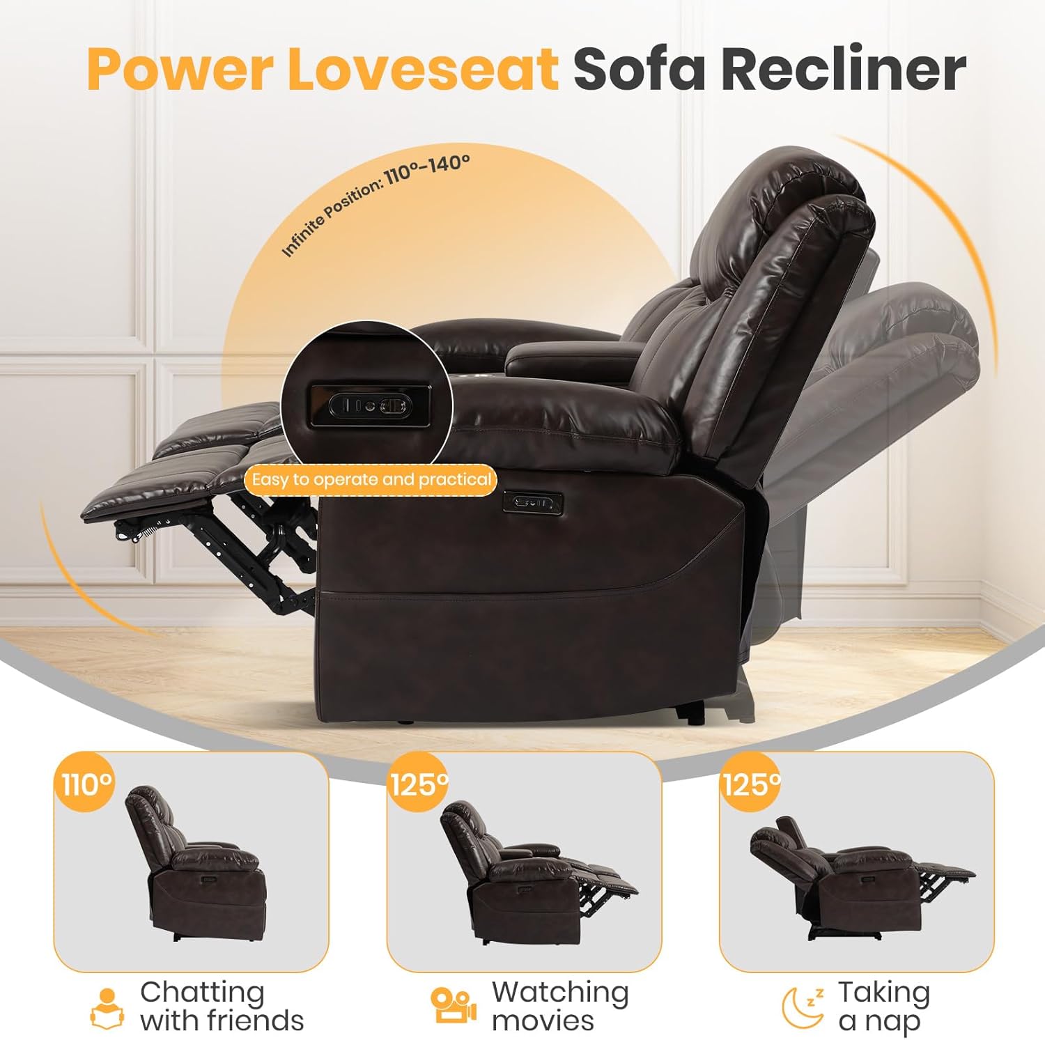 Power Loveseat Recliner Sofa with Console, Electric Reclining Loveseat with LED Light/Stuffed Backrest/USB/Type C/Large Drawer, PU Leather RV Double Recliner Couch (Brown, 2 Seater)