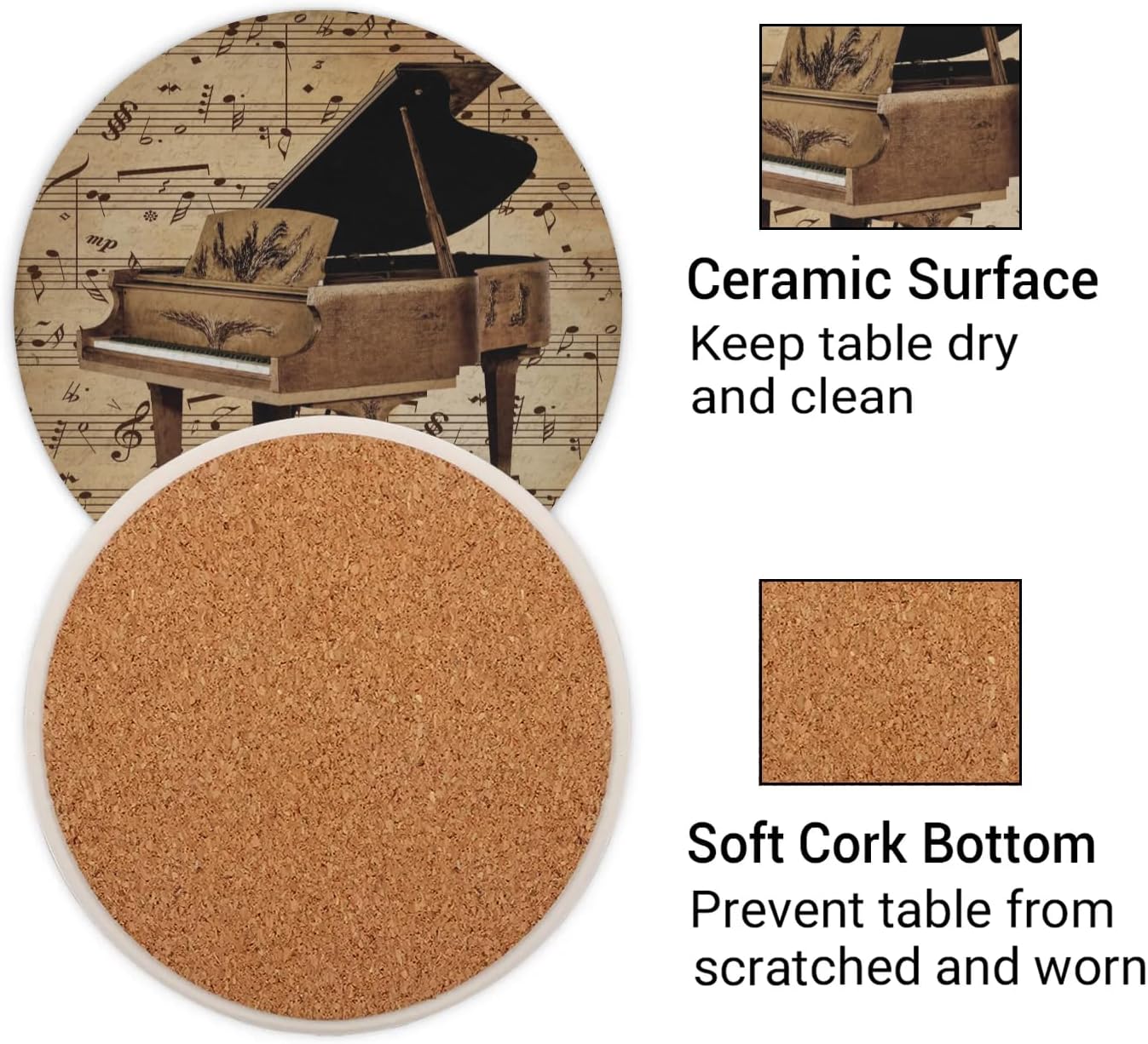Coasters Set of 4, Retro Piano Music Sheet Absorbent Coasters 4 Inches Round Ceramic Coasters for Drinks Coaster for Coffee Table Office Summer Outdoor Home Decor - Image 3