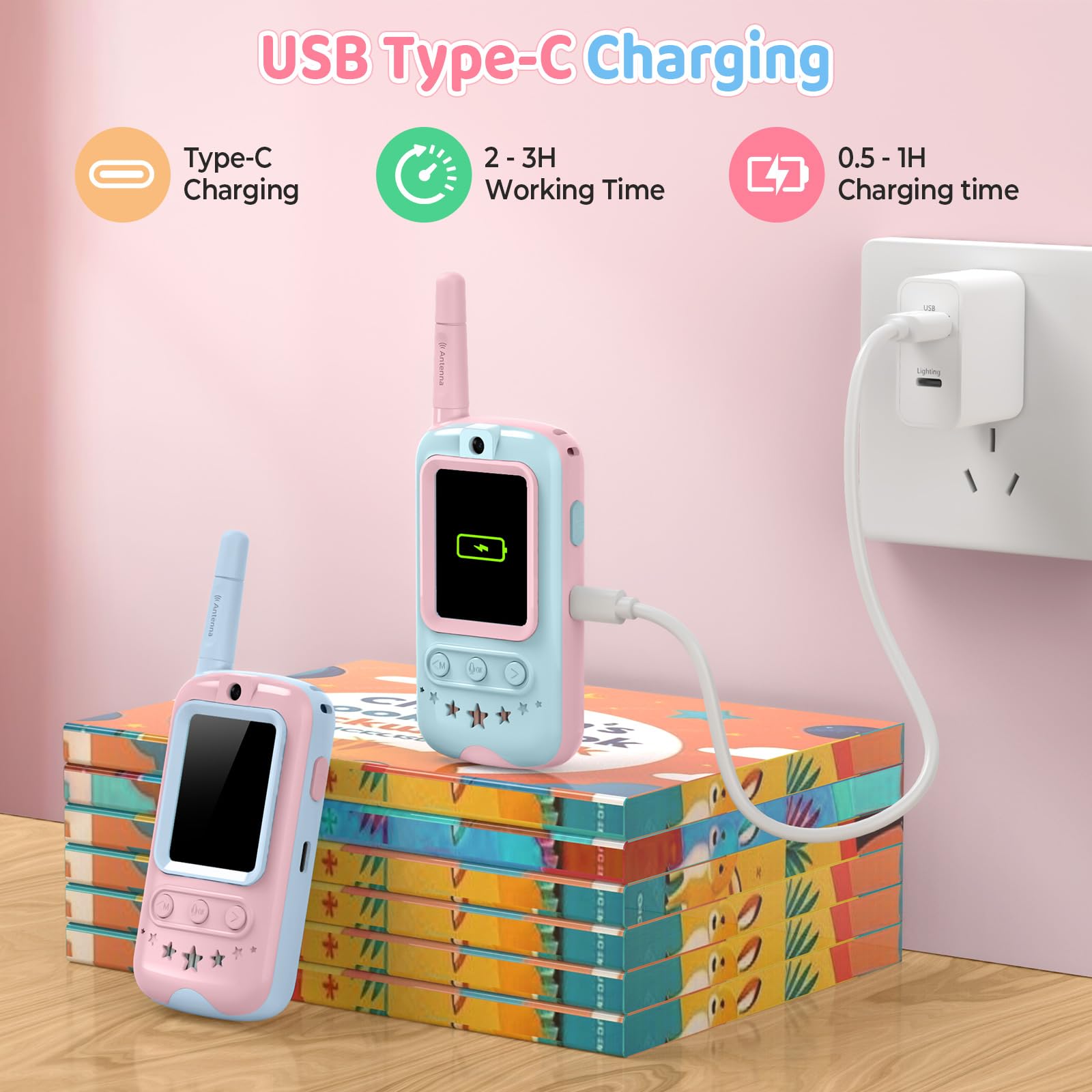 Walkie Talkie, Walkie Talkie Bambini Ricaricabili con Telecamera HD e Cambia Voce, Interazione Video per Giochi in Casa e all'Aperto, Regalo per Ragazzi e Radioline Walkie-Talkie (Rosa + Blu)