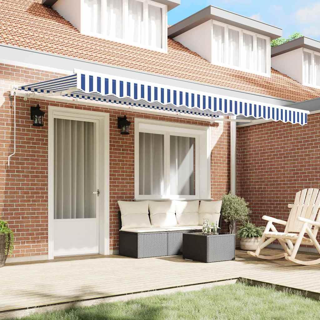 Toldo retráctil azul a rayas 350 x 200 cm eléctrico con mando a distancia, toldo articulado con marco de aluminio para terraza, balcón y jardín, protección solar, marco de toldo blanco
