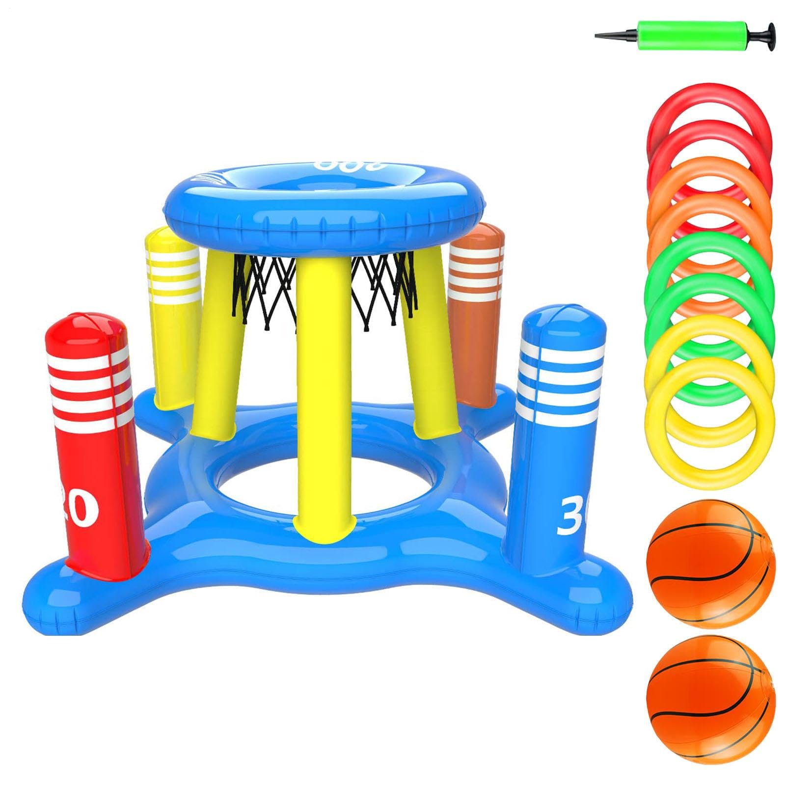 Anneau de basket-ball pour piscine, pour la piscine pour de 4 à 8 à 12 ans - Jeu de lancement de cerceaux et anneau de basket-ball en PVC flottant 2 en 1 | Comprend 2 balles, 8 anneaux