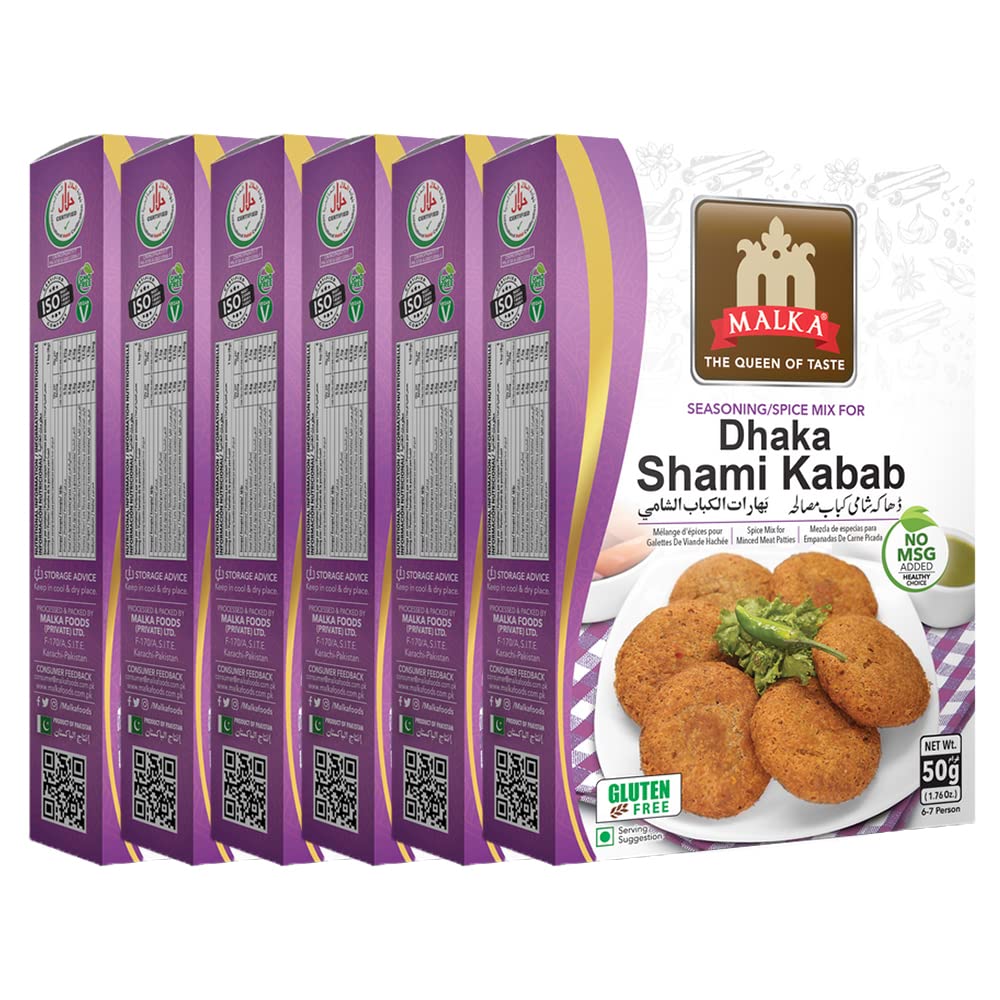 Malka Dhaka Shami Kabab Recipe Mix 50g (1.76 oz) - Authentic Gourmet Spice Powder for Minced Meat Patties - No MSG Added, Vegan, Non-GMO, Gluten Free & Halal - Pack of 6