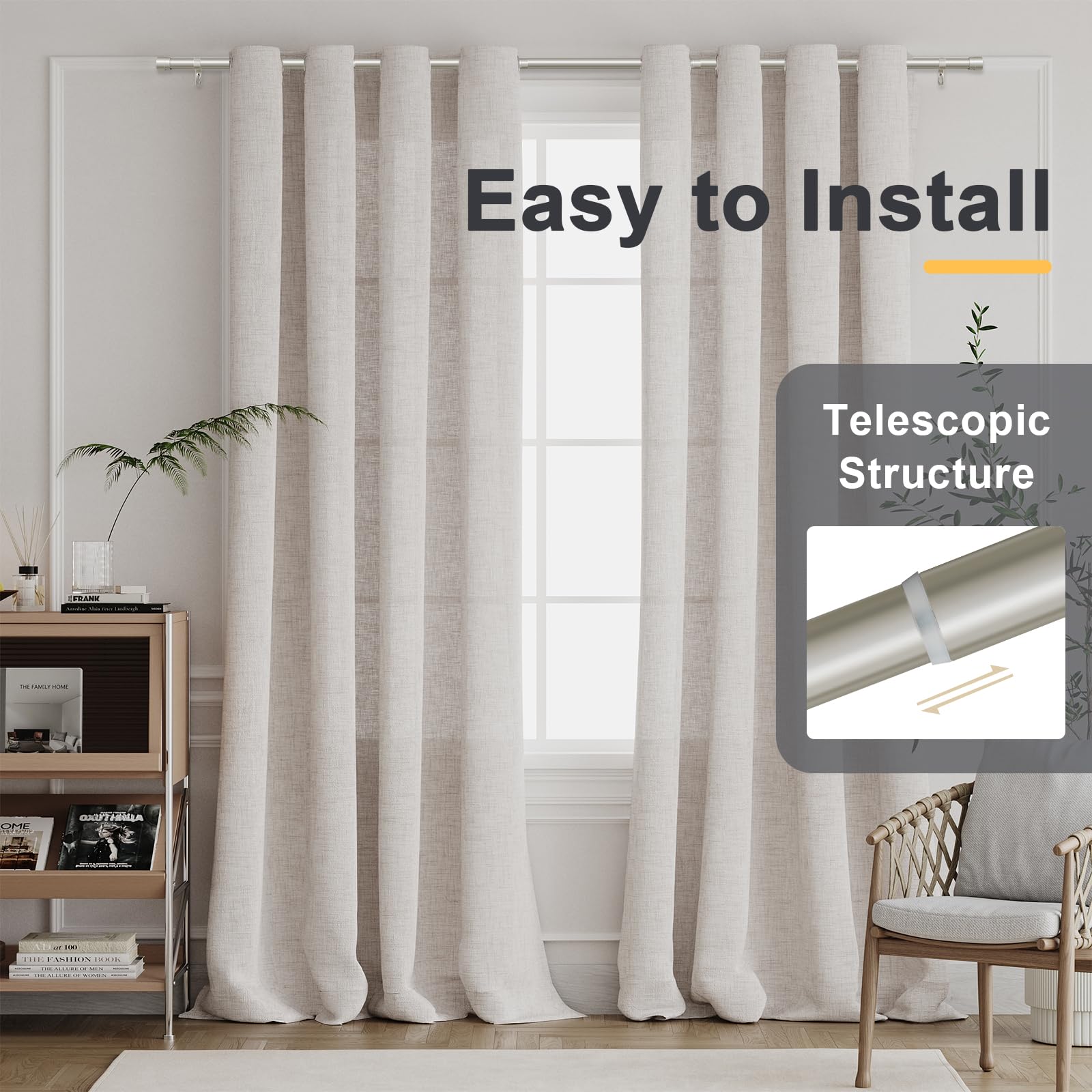 BellaHills 25mm Curtain Poles for Eyelet Curtains Adjustable Curtain Rod with Metal Finials 76 to 150 cm Window Curtain Pole with Brackets Fittings Set for Living Room Bedroom Nickel - Image 3