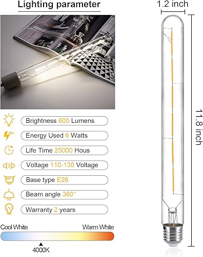 Miniatura 10 de Bombillas LED regulables T30 antiguas, bombilla tubular Edison blanca cálida, bombilla de tubo largo, estilo E26, bombilla de filamento LED vintage,