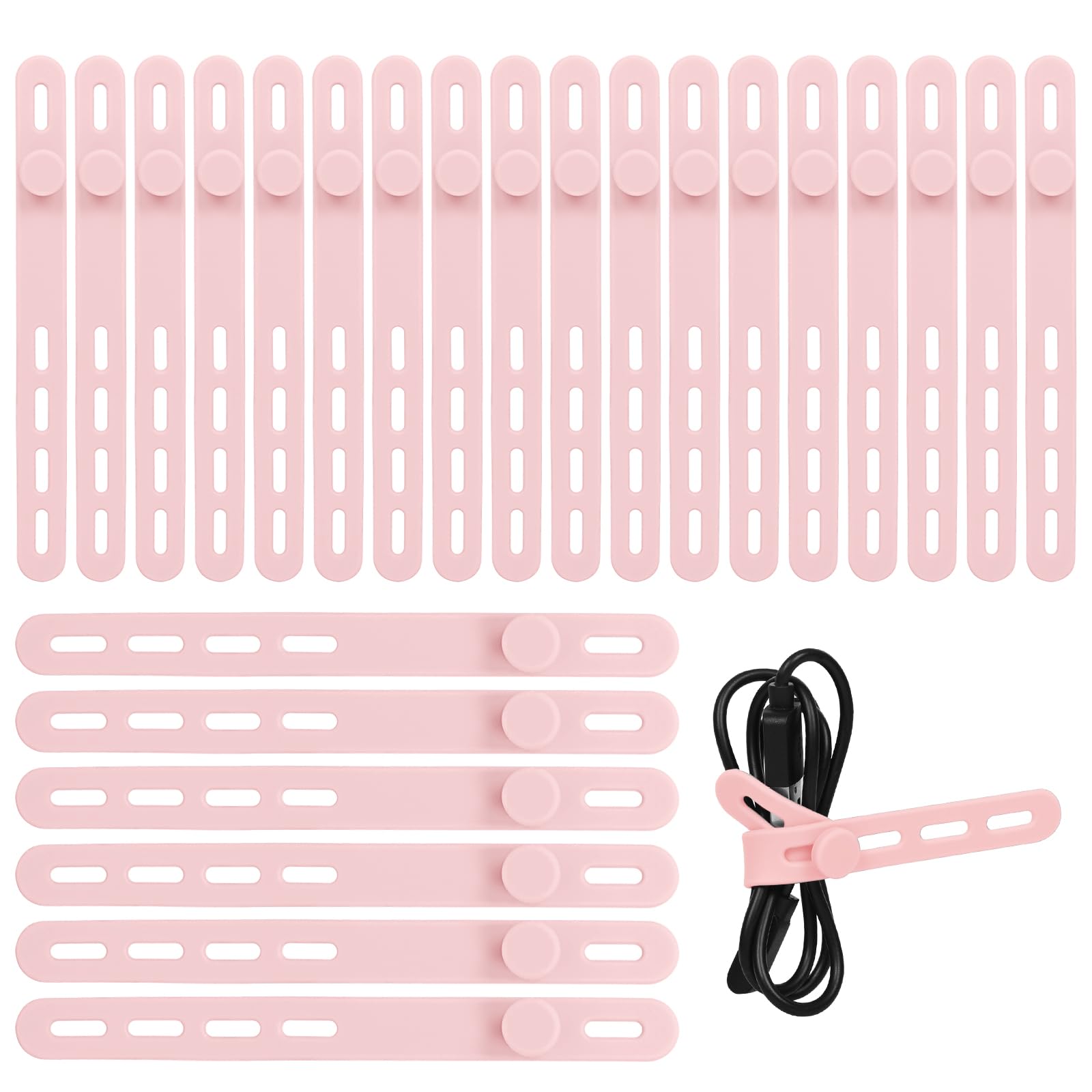 Donruby 24Pcs Silicone Cable Ties - Reusable & Washable with Locking Buckle Design, Adjustable Fastening Cable Straps, Multi-Purpose High Elasticity Cord Organizer (Pink)