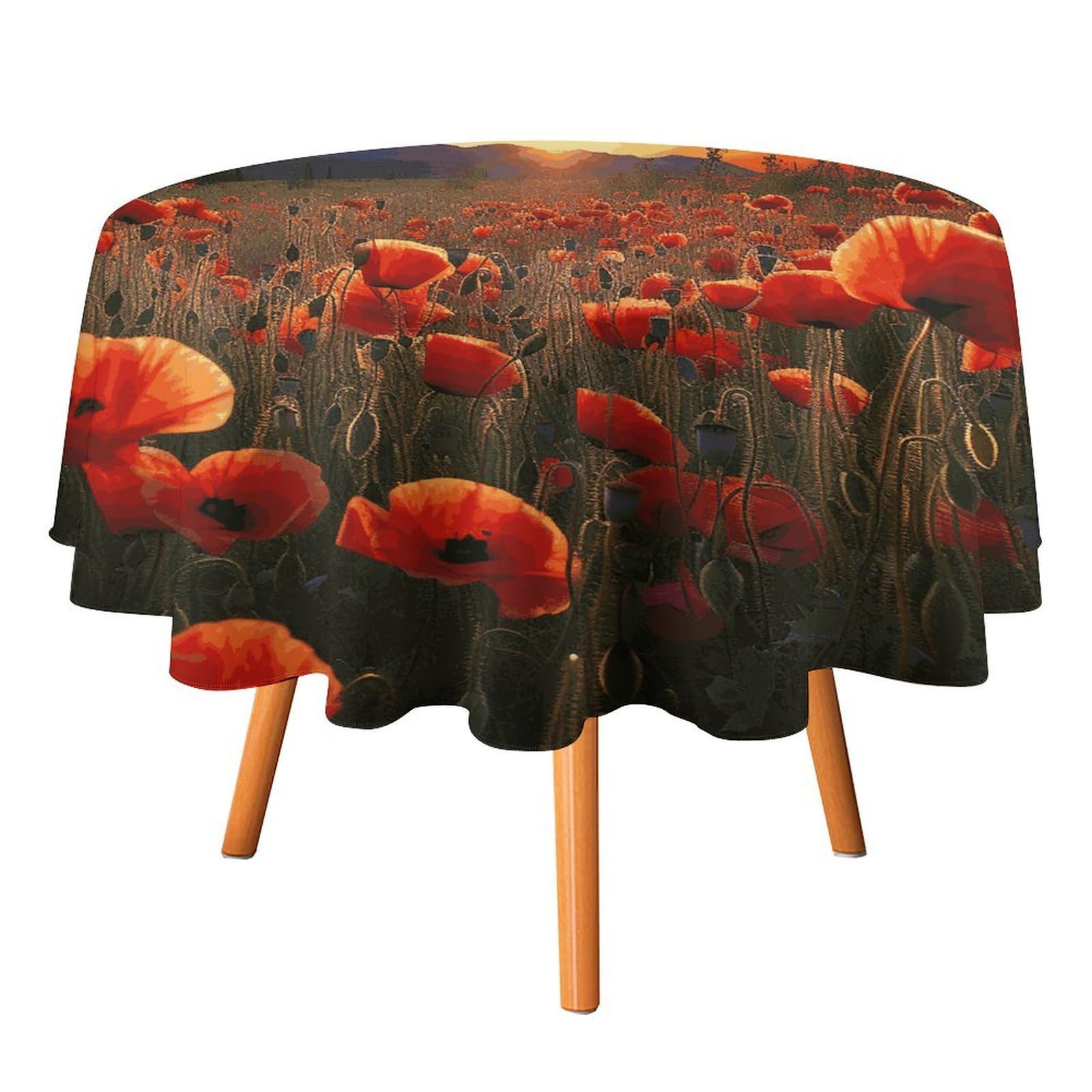 SMAZDFXX Red Poppy Flower Field in Sunset Tablecloth for Restaurant, Round Polyester Table Cover 60x60in for Party