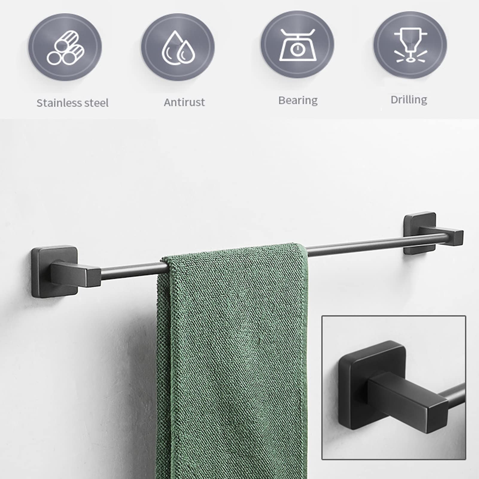 Portasciugamani Singolo, Appendiabiti A Torre Quadrata 40 Cm-80 Cm Mensola Porta Asciugamani in Acciaio Inossidabile SUS 304 Fissata A Parete per Hardware Bagno E Cucina, Nero (Dimensioni :