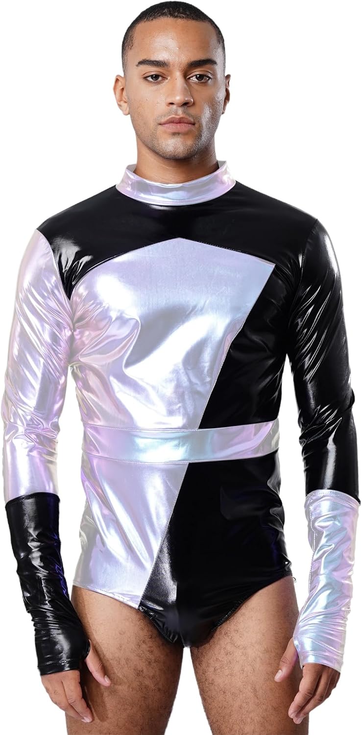 Mens 2 Pcs Shiny Metallic Long Sleeve Bodysuit Clubwear Halloween Cosplay Costumes with Arm Sleeves