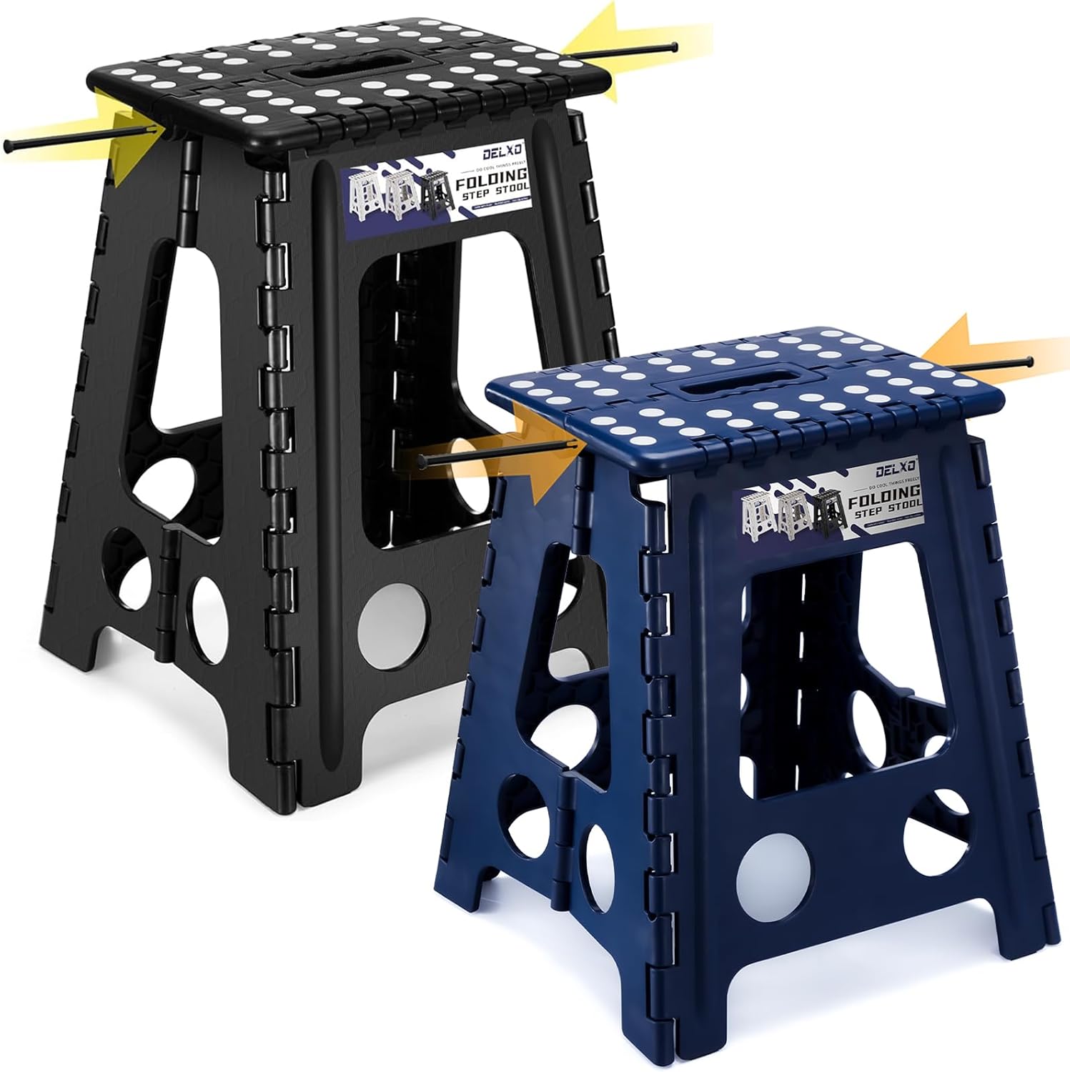 Delxo 17.5 Inch + 16 Inch Folding Step Stool, Foldable Stool for Adults,Premium Portable Collapsible Plastic Step Stool,Non Slip Folding Stools for Kitchen Bathroom Bedroom (Black + Blue)