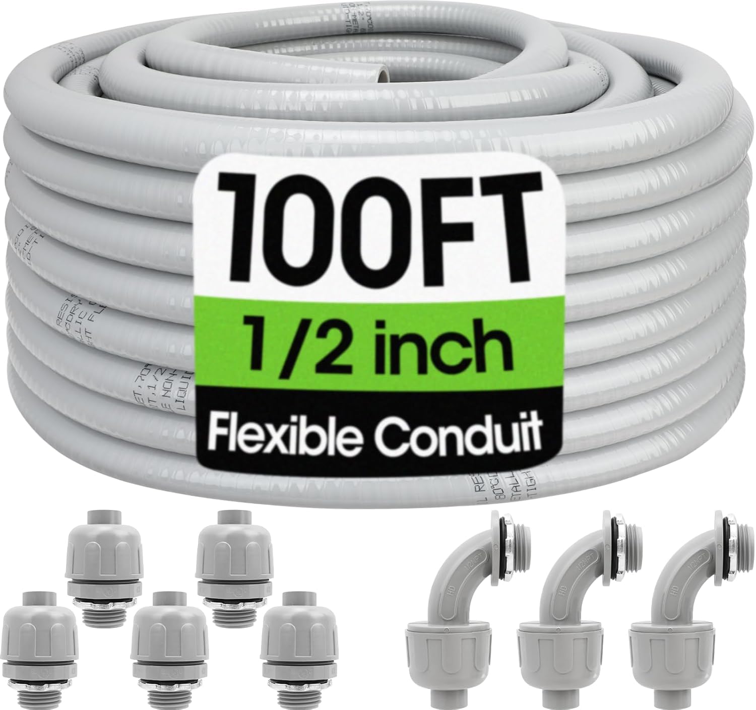 YesBes 100FT 1/2" Liquid-Tight Flexible PVC Conduit Kit with 5 Straight & 3 Angle Fittings - Corrosion-Resistant Electrical Conduit