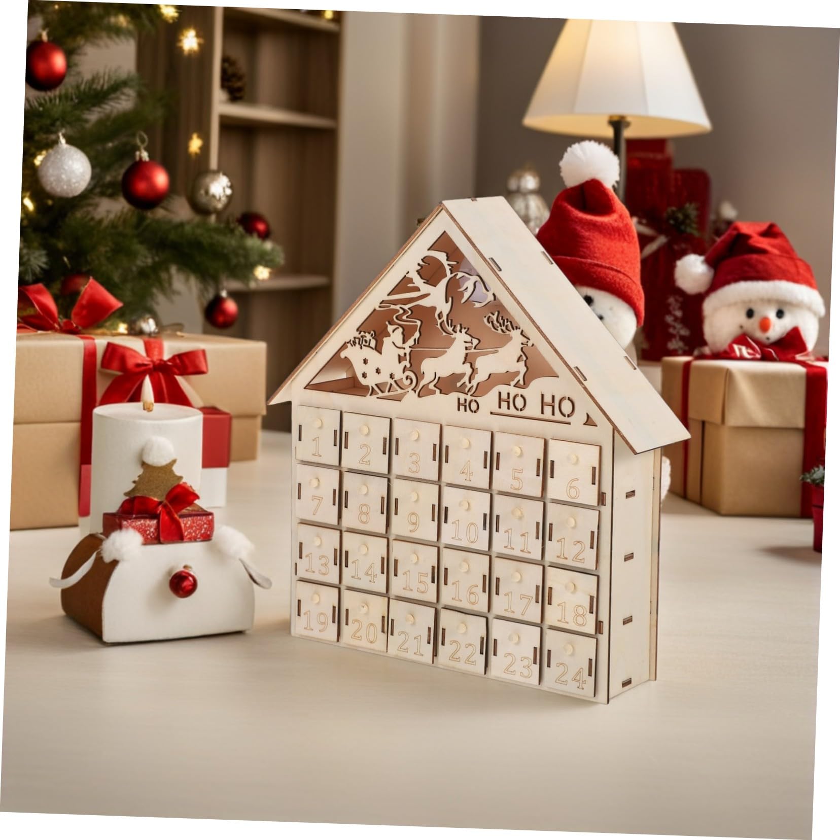 Calendario de Adviento de Madera LED Reutilizable Luz Decoración Rústica para Mesa Navidad