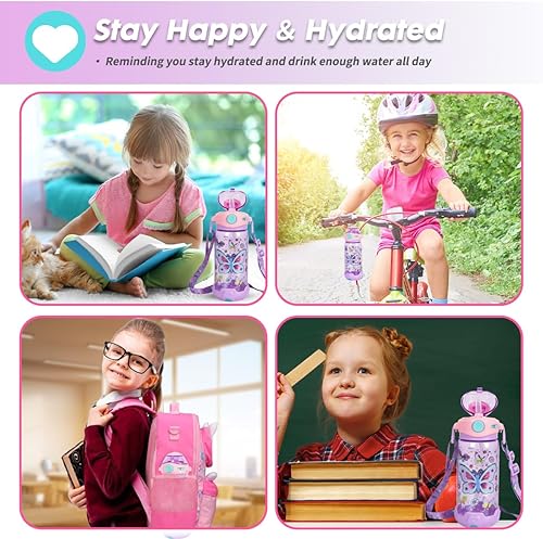 Miniatura 7 de Botella de agua para niños con popote, para la escuela, niños, niñas, niños, botella de agua potable sin BPA de 22 onzas, apertura de un solo clic,