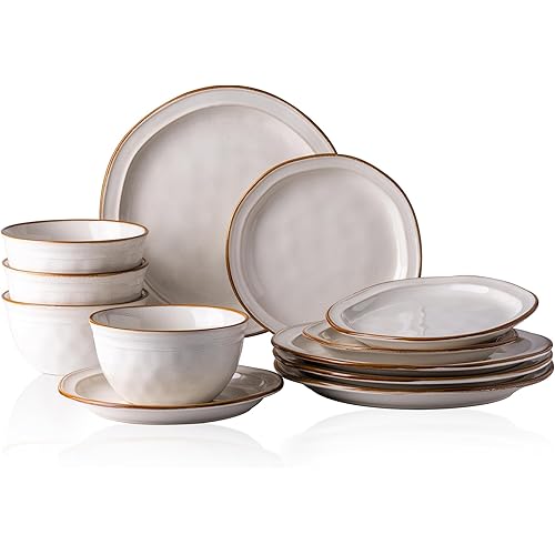 AmorArc Ceramic Dinnerware Sets,Stoneware Handmade Reactive Glaze Plates and Bowls Sets,Chip and Crack Resistant | Dishwasher & Microwave Safe,Dishes Set Service for 4 (12pc)