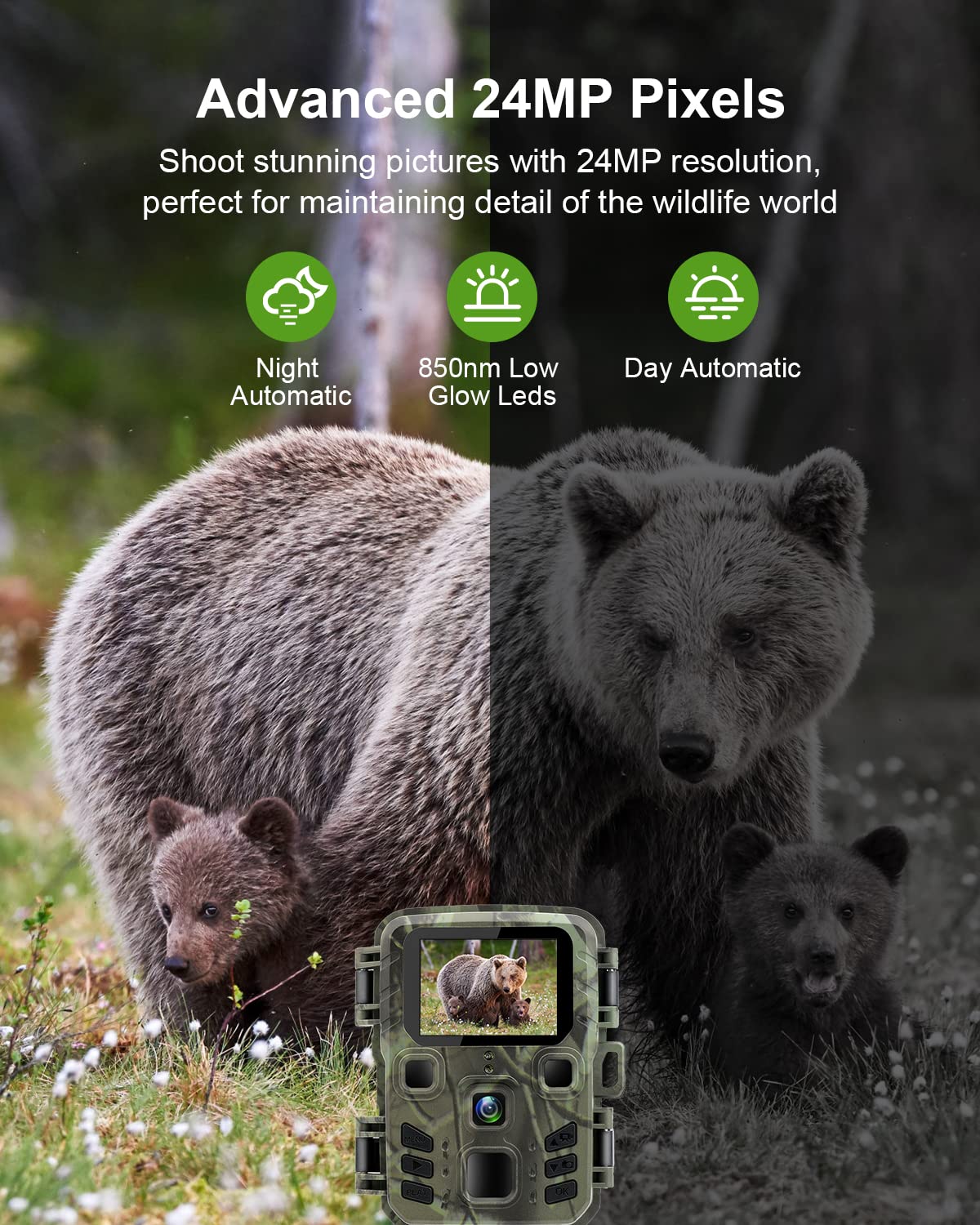 RecorCam WiFi Game Camera with Mobile Phone Transmission App 24MP 1296P WiFi Wildlife Camera with Night Vision Motion Detector 120° Detection Angle 0.2 Seconds Quick Trigger with 32GB