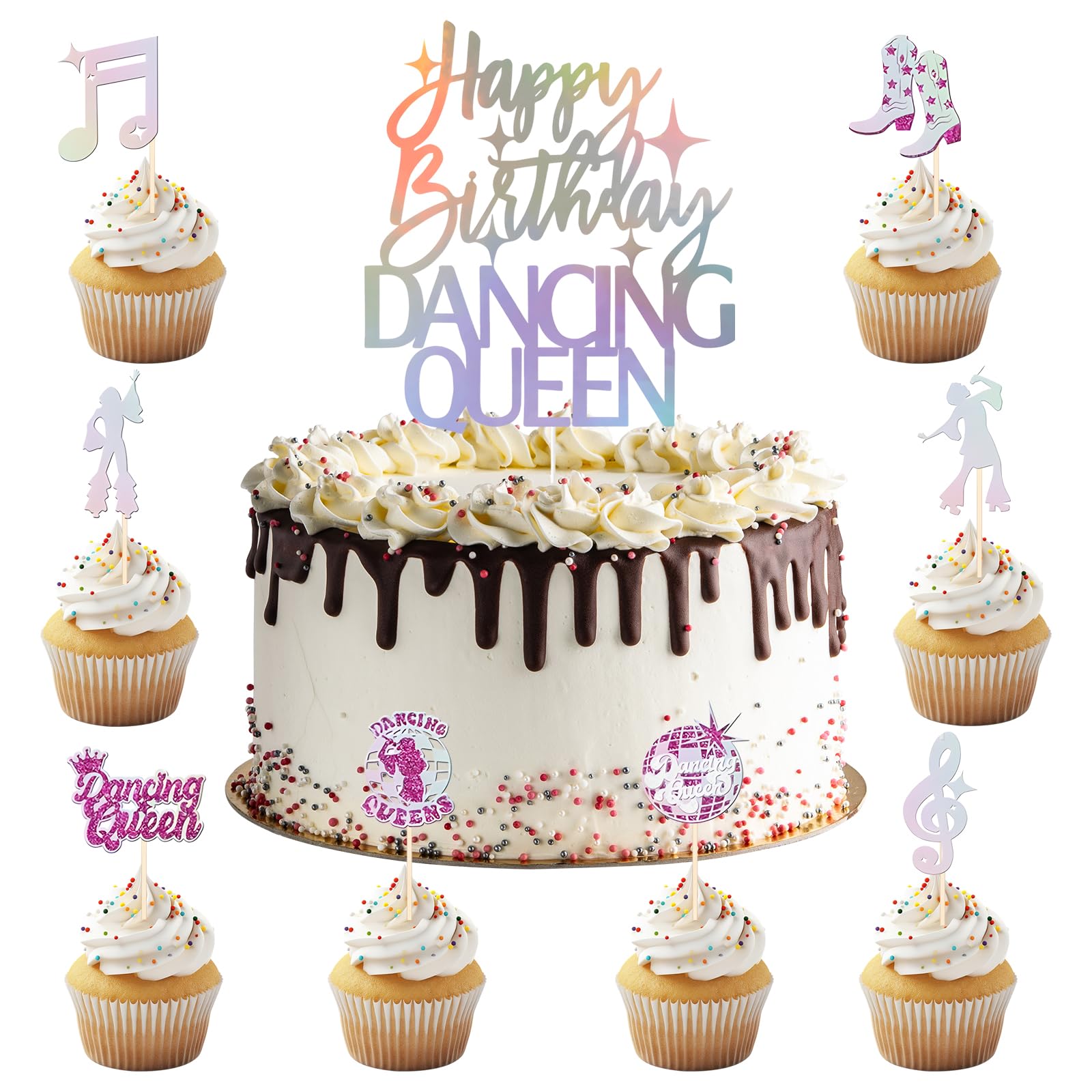 Dancing Queen Cake Topper, Dancing Queen Cupcake Toppers, Happy Birthday Holographic Topper & Disco Dancing Cupcake Toppers, Disco Cake Decorations for Birthday Party Cake Decorations Supplies
