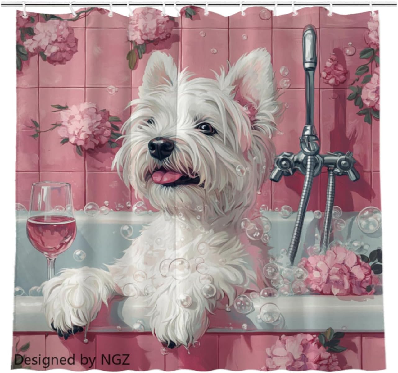 NGZ Funny Cavalier King Charles Spaniel Shower Curtain, SPA Cavalier King Charles Spaniel with Wine, Pink Shower Curtain, 72x72 Inches Floral Shower Curtains for Bathroom, Set with 12 Hooks