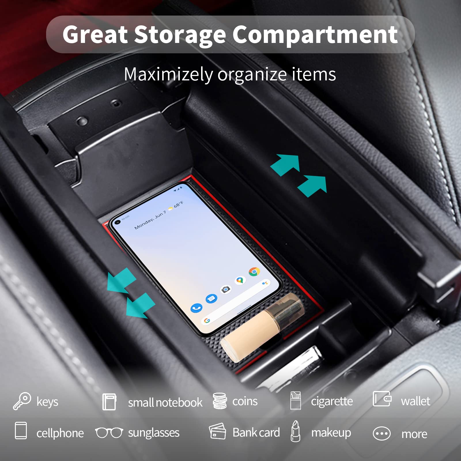 CDEFG Mercedes Clase A B W177 V177 W247 GLA H247 CLA C118 2019+ Caja de Almacenamiento Consola Central Apoyabrazos Interior Center Armrest Box, con Tapete Antideslizante Accesorios del Coche (Rojo)
