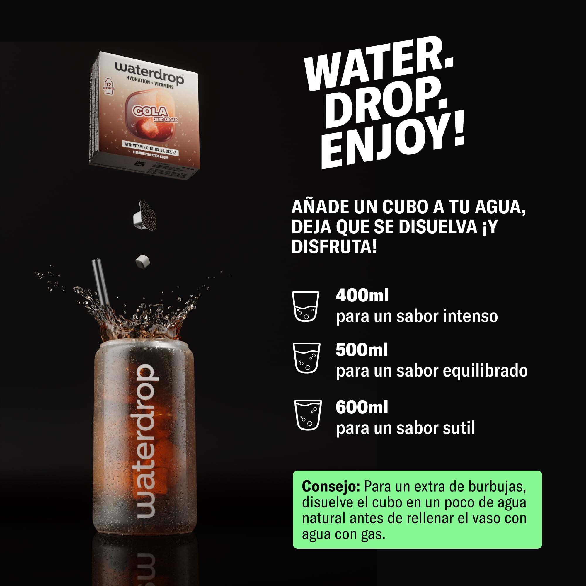 waterdrop® Microdrink Cola NUEVA RECETA – 36 saborizantes para agua sin azúcar, auténtico sabor a cola, cero calorías, con vitaminas, alternativa saludable a refrescos, ideal para agua con gas