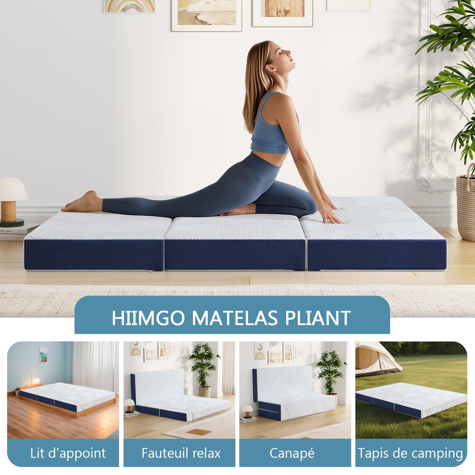 Hiimgo Matelas Pliable 120x190x10cm - Housse Amovible Respirante Lavable,Matelas invité Pliable en, Mousse à Mémoire de Forme en Gel,Sac de Transport - Parfait lit Pliant 2 Places