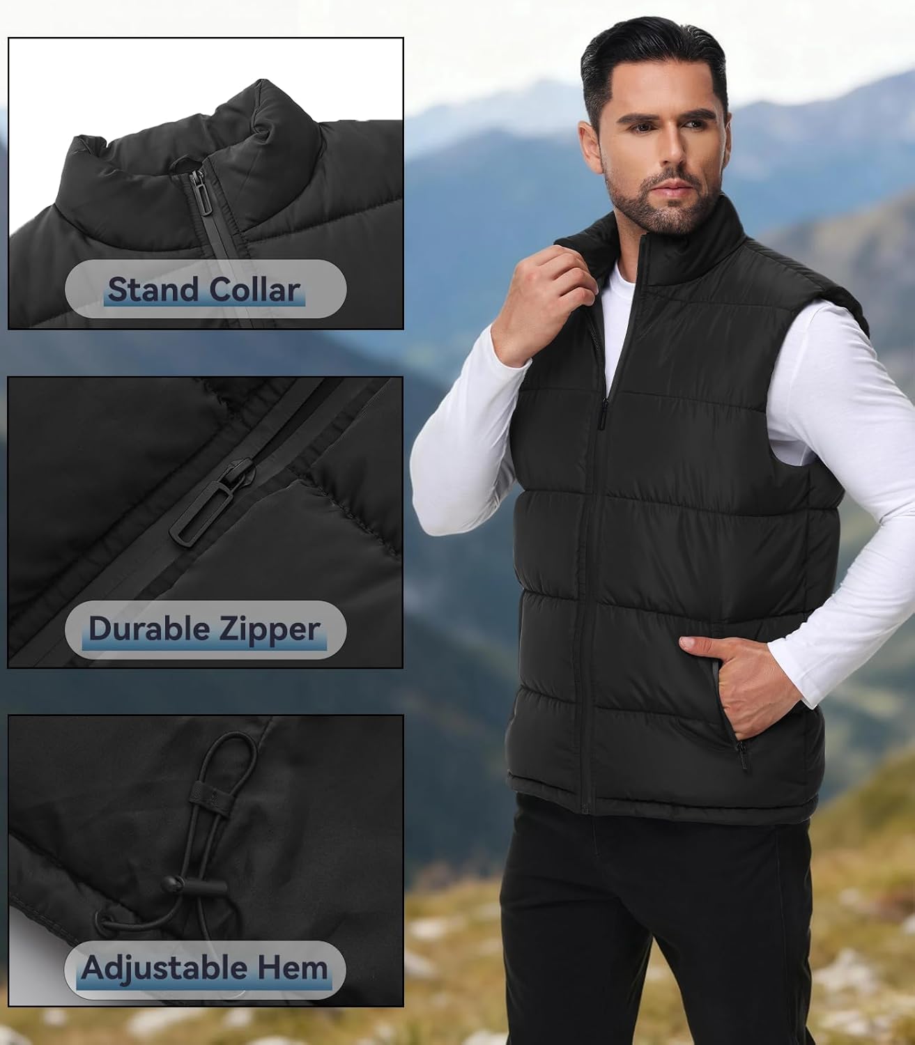WHN Men's Puffer Vest Outerwear Winter Zipper Quilted Puffy Sleeveless Jacket Outdoor Size M to XXL - Image 5
