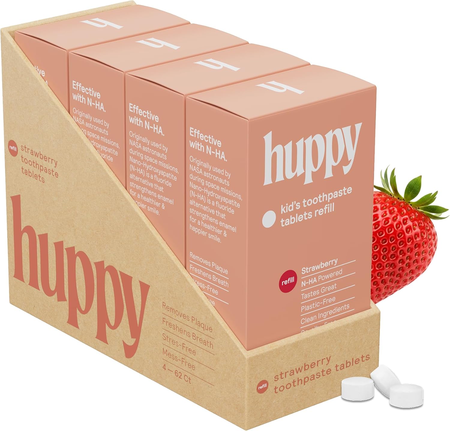 HUPPY Toothpaste Tablets, Nano Hydroxyapatite Toothpaste - Natural Whitening, Fluoride Free and Remineralizing Tablets - Hydroxyapatite Tabs, Strawberry Flavor (4 Month Refill no Refillable Tin)