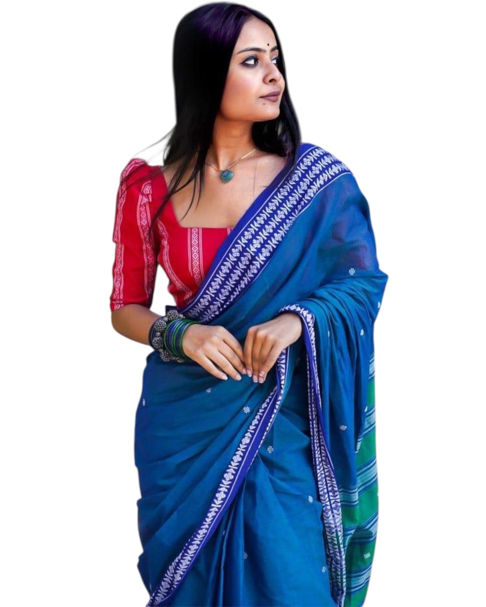 Traditional Indian Saree, Royal Blue with White Border Design, Red Blouse, Cotton Blend-image-13