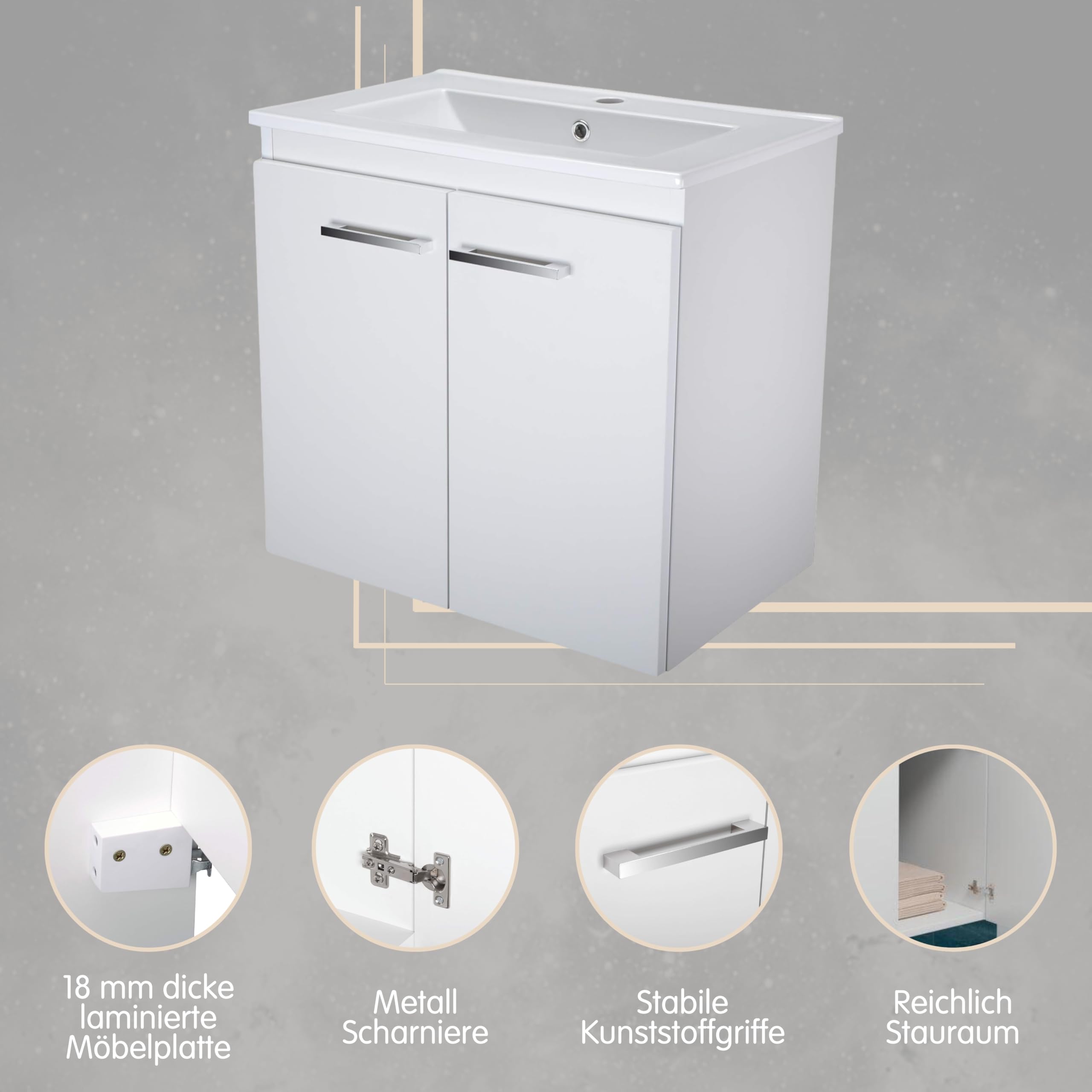 Waschbecken mit Unterschrank Weiß 60 cm Breite mit Waschbecken Bilbao Sink - Waschbeckenunterschrank, Bad Waschtischunterschrank, Badunterschrank mit Waschtisch