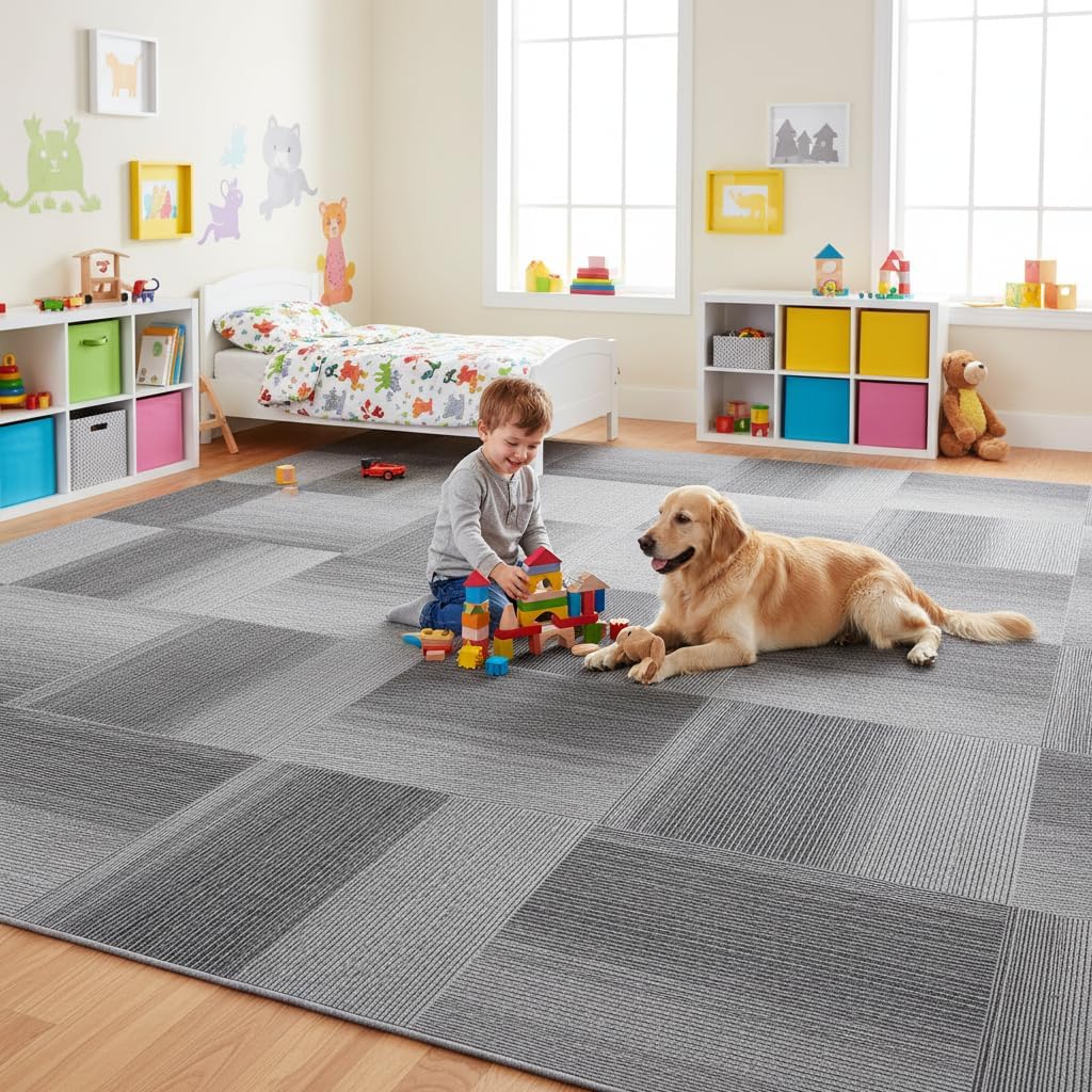 LITA Commercial Carpet Tiles Gradual Gray, 24" x 24" Squares, 18 Tiles, 72 sq ft, Non-Slip Soft Floor Carpet for Office, Bedroom, Living Room, Kitchen, Garage,Easy DIY Installation with Flexlok Tabs Gradual Gray 18 Pcs