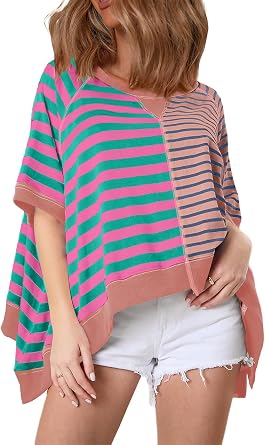 Acelitt Womens Casual Summer Short Sleeve Crewneck Color Block Sweatshirts T-Shirts Tops, S-XXL