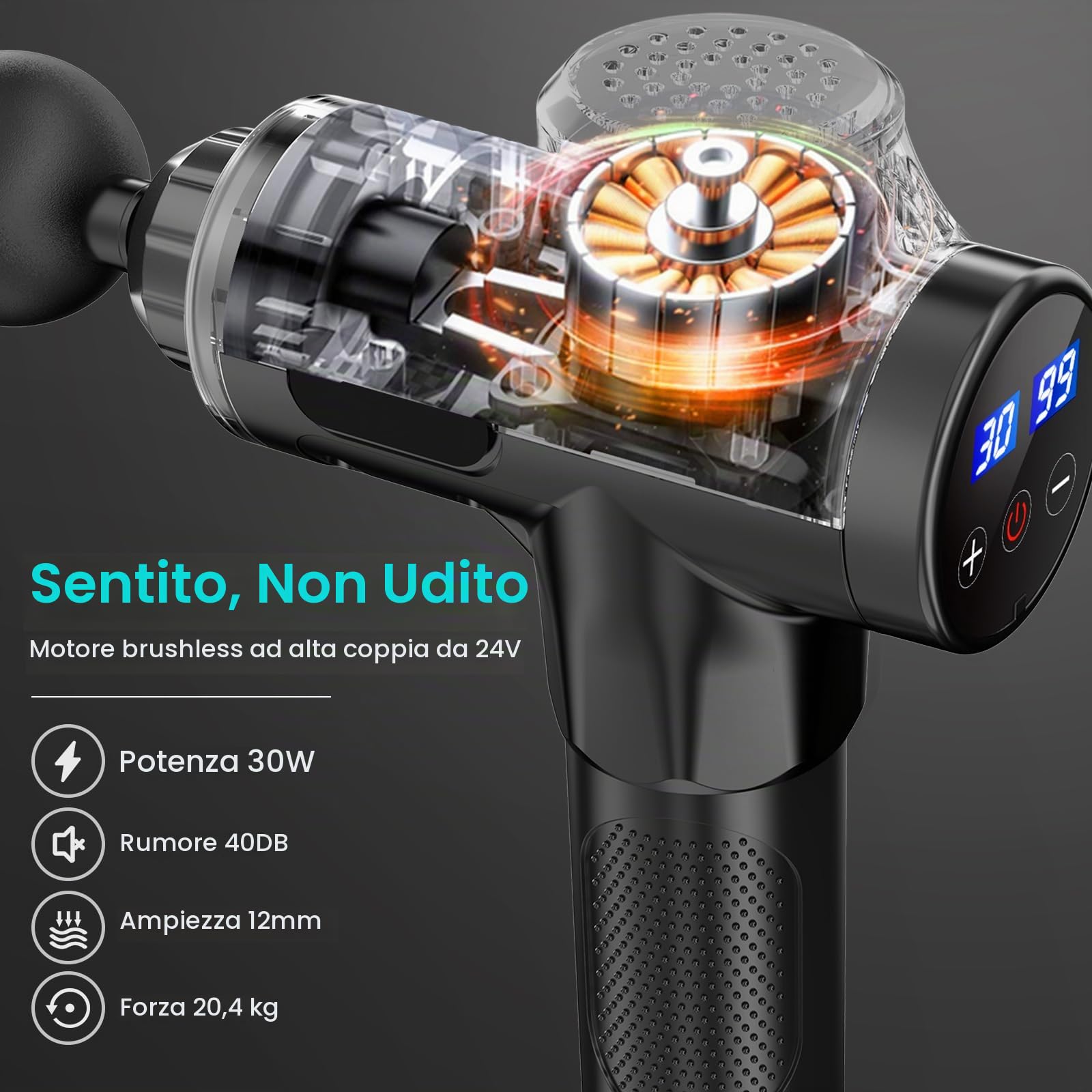 Pistola Massaggio Muscolare, 30 Velocità Pistola Massaggiante Muscolo Profondo Tessuto, 2500mAh Batteria Ricaricabile, 3300RPM Silenziosa Massaggiatore Elettrico, 10 Testine, Schermo Tattile LCD