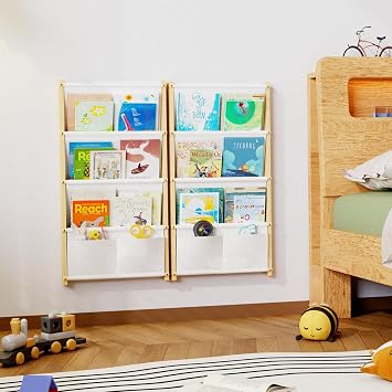 Wood 4-Tier Wall Mounted Kids Bookshelf Floating Book Shelf For Kids Rooms,Nursery & Classroom, Hanging Bookcase Organizer For Books, Nursery Shelves, Toddler Book Shelf, Montessori Bookshelf 2 pack