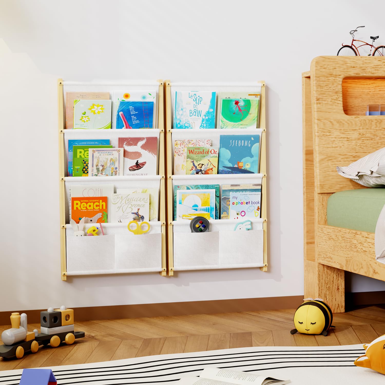Libreria a parete in legno a 4 ripiani, per bambini, per camerette dei bambini, asilo, aula, libreria da appendere, organizer per libri, libreria Montessori, bianco