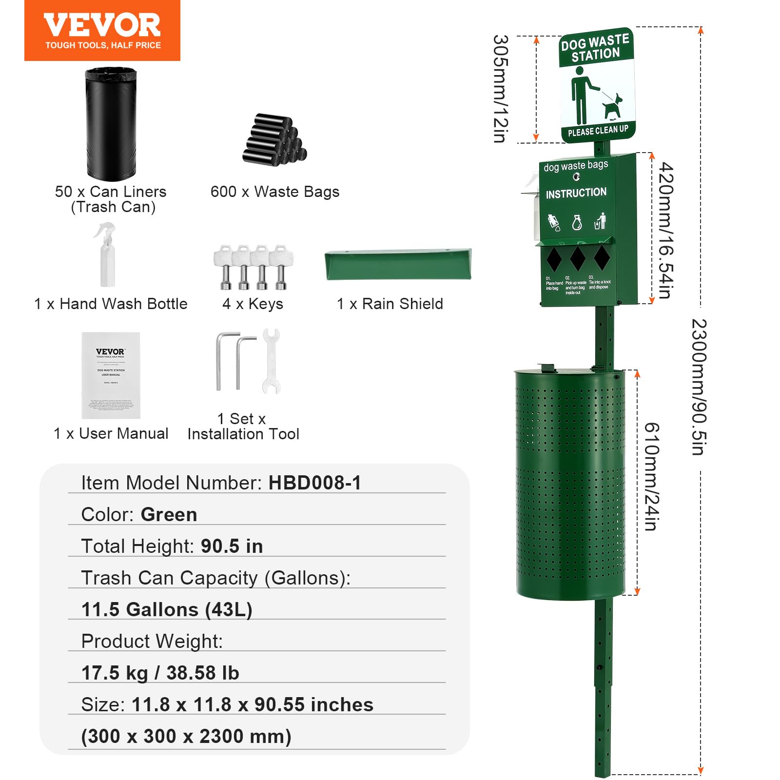 VEVOR Station Collecte Déjections Canines, Bouteille Lave-mains, Capacité Poubelle 43 L, 50 Sacs de Doublure, Distributeur de Sacs, 600 Sacs à Déchets, Élimination Crottes Canine Extérieur pour Parc