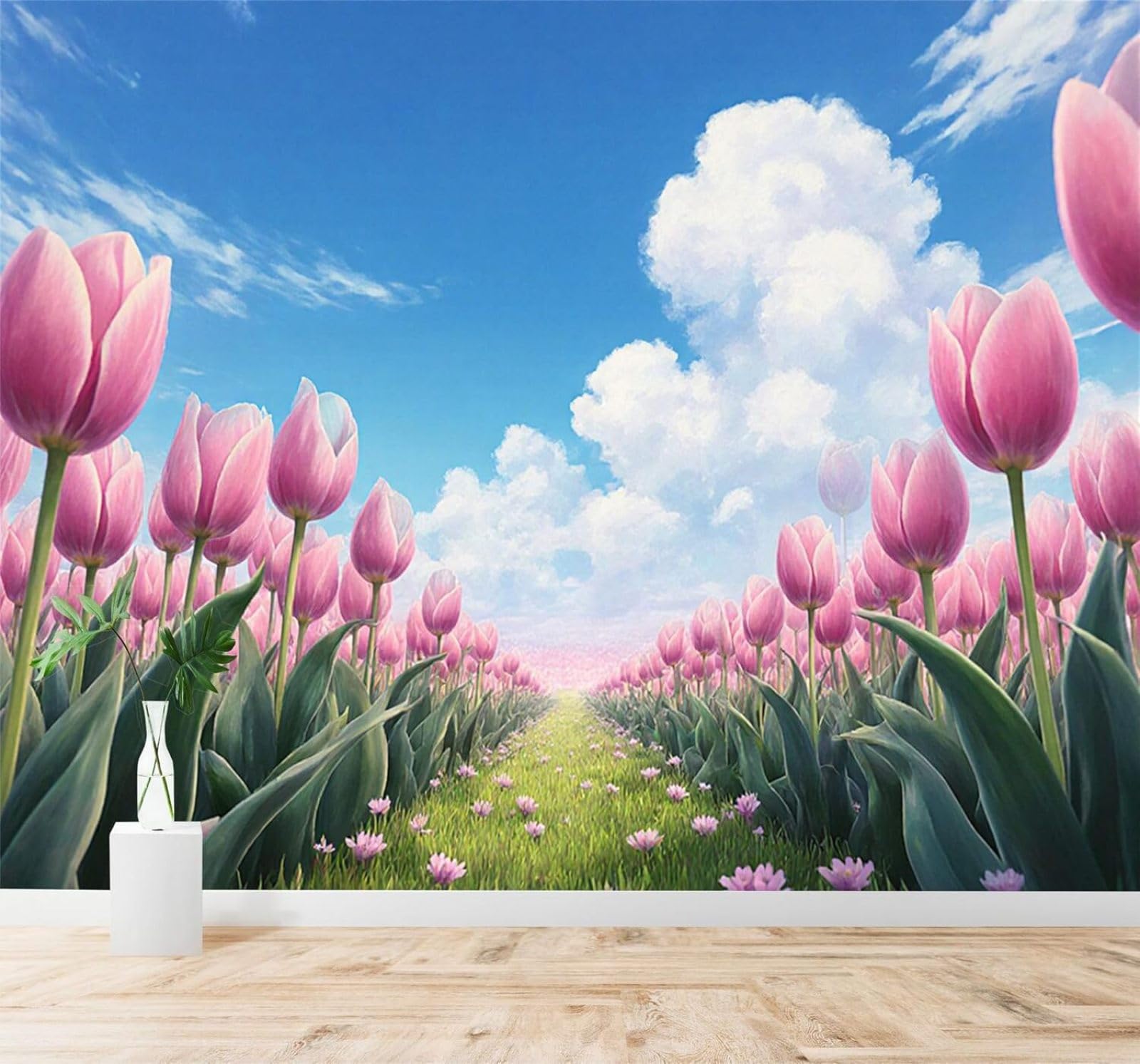 XLMING Pink Tulips Fields Blue Sky White Clouds 3D Wallpaper Premium Textured Silk Study Dining Living Room Bedroom Sofa TV Wall Easy Install-400cm×280cm