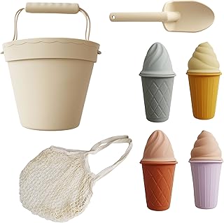 Marlowe & Co Silicone Ice Cream Toy Beach Set, Silicone Bucket, Shovel, 4 Ice Cream Cone Sand Molds (Classic Retro)