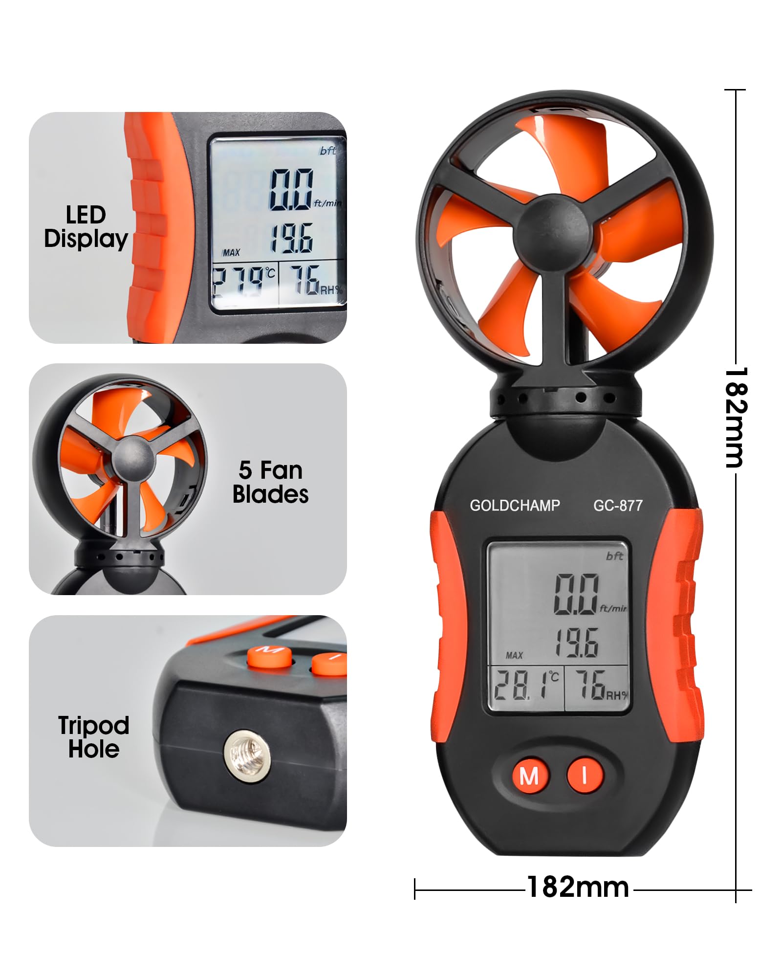 Détecteur de gaz 4 en 1 pour combustible/O2/H2S/CO, alarme son/lumière/vibration et écran LCD détecteurs de fuite de gaz pour la maison + anémomètre portable, 5 unités et interrupteur ℃/℉, testeur de