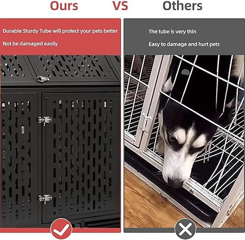 Miniatura 2 de Jaula de perro indestructible de 44 pulgadas con ruedas, a prueba de escape, doble puerta para interiores, alta ansiedad, perrera de acero con