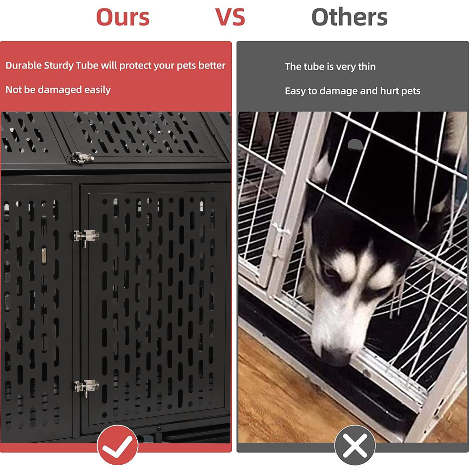 44 Inch Heavy Duty Indestructible Dog Crate Steel Escape Proof Chew Proof Cage, Indoor Double Door Kennel for High Anxiety Large Medium Dogs with Wheels, Removable Tray