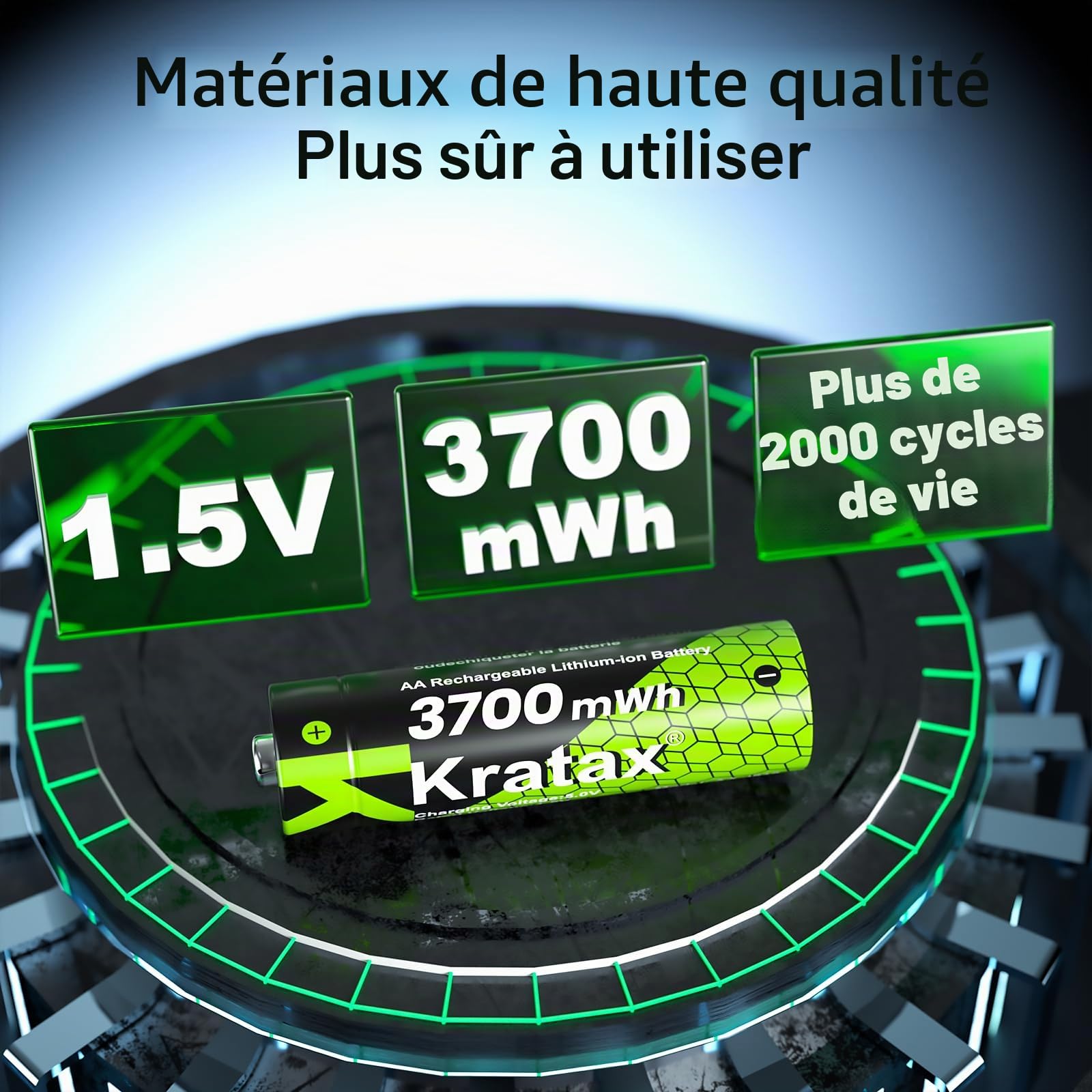 Kratax Lot de 12 piles AA rechargeables au lithium avec chargeur, piles AA haute capacité au lithium 1,5 V 3700 mWh, 2000 cycles de charge, piles AA Li-ion rechargeables avec boîte de charge