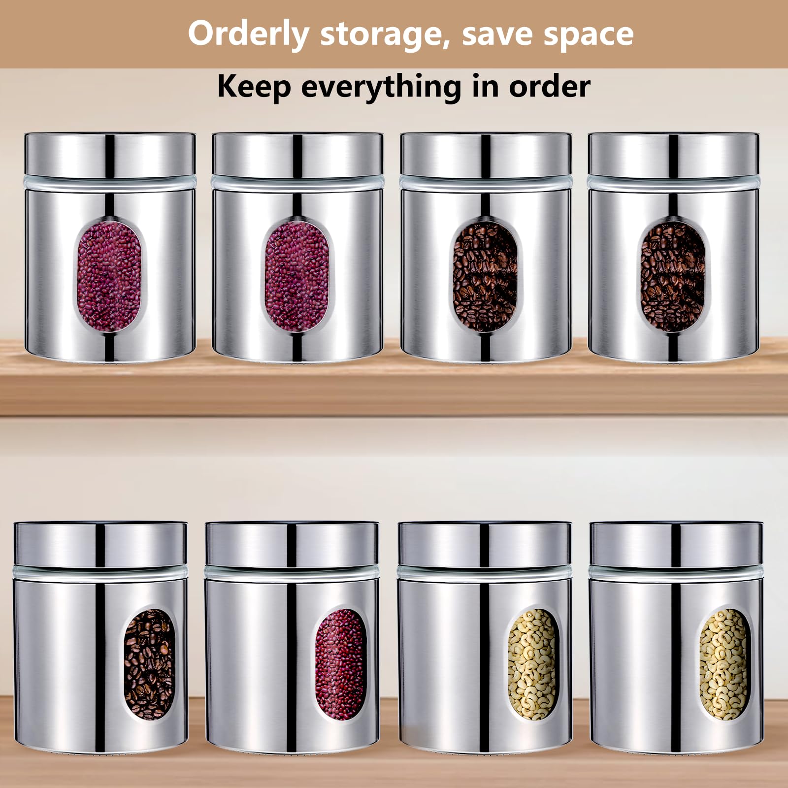 4-teiliges Küchendosen-Set, Edelstahl, Glasdosen, luftdicht, für Kaffee, Zucker, Tee, Süßigkeiten, Lebensmittelbehälter mit Deckel, für Mehl, Kekse, Gewürze, Körner, Küche, Backen, Heimdekoration