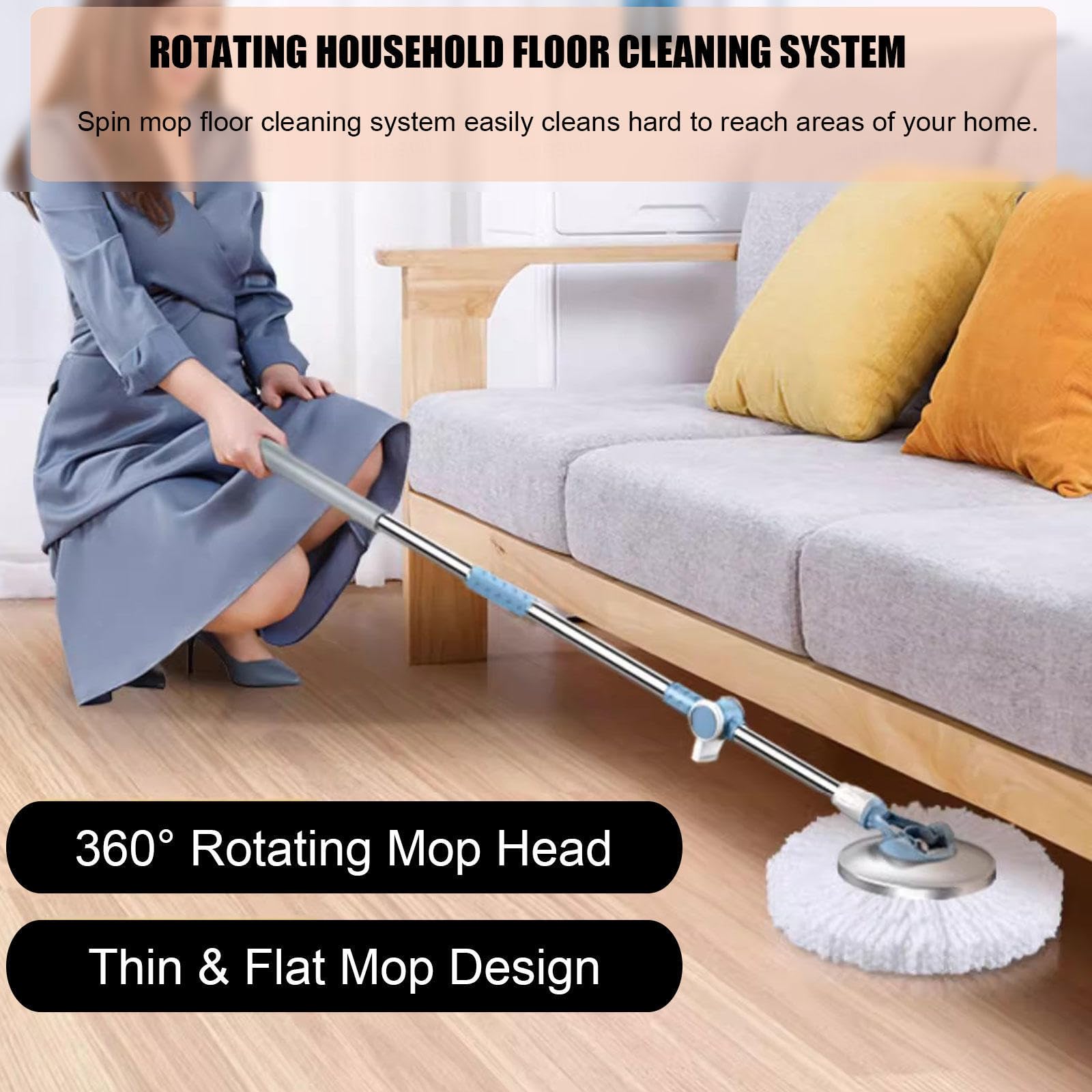 Cubo para fregona giratoria con juego de escurridor, fregona para suelo con 4 ruedas de fácil movimiento, mango ajustable de acero inoxidable, 5 recambios de cabezal de repuesto de microfibra, 1