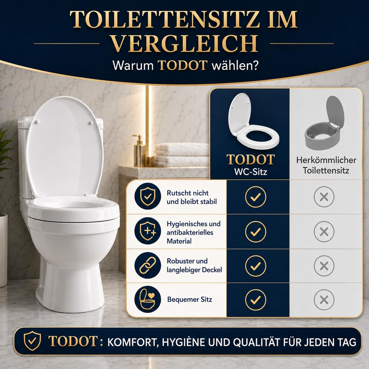 WC-Sitz erhöht 5cm für ältere/behinderte Menschen, WC-Sitzerhöhung Toilettensitz aus Duroplast, leiser Absenkautomatik, verstellbare Edelstahl-Scharniere (250 kg, Universal) (O-Form)