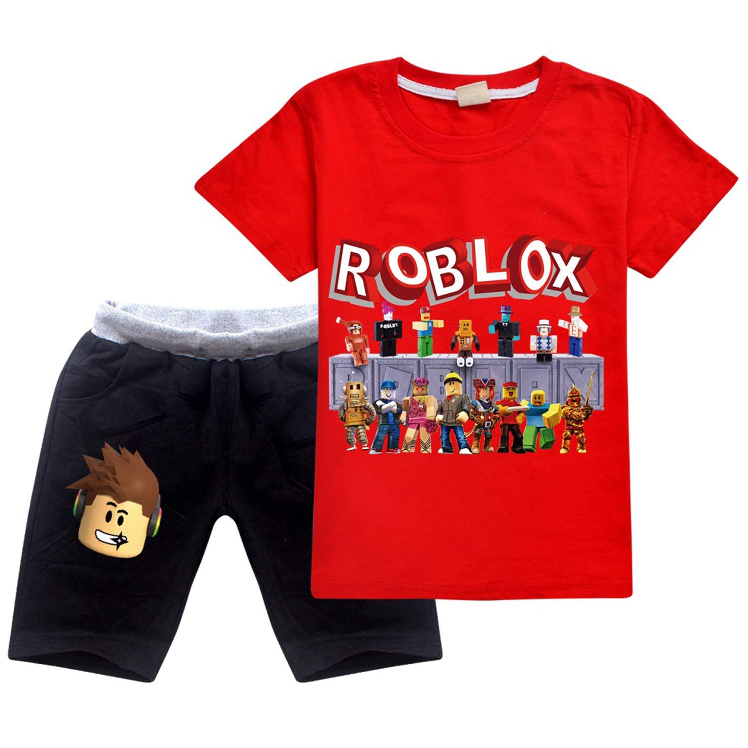 CKCKTZRo-blox Boys T-Shirt Set Kids Game Cartoon Short Sleeve Tops Sweatshirt Shorts 2Pcs Cotton Summer Tee