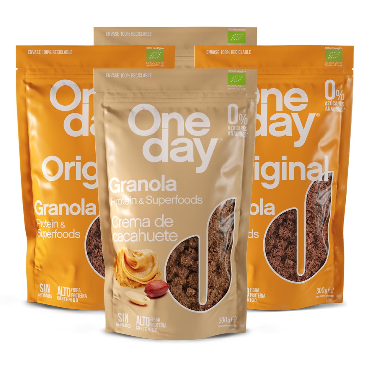 ONE DAY Granola Ecologica, Sin Azucares Añadidos, Alto en Proteína con Superfoods, Altro en Fibra, Pack 4 Variado x 300g (Pack Original x2 + Chocolate x2) - 3