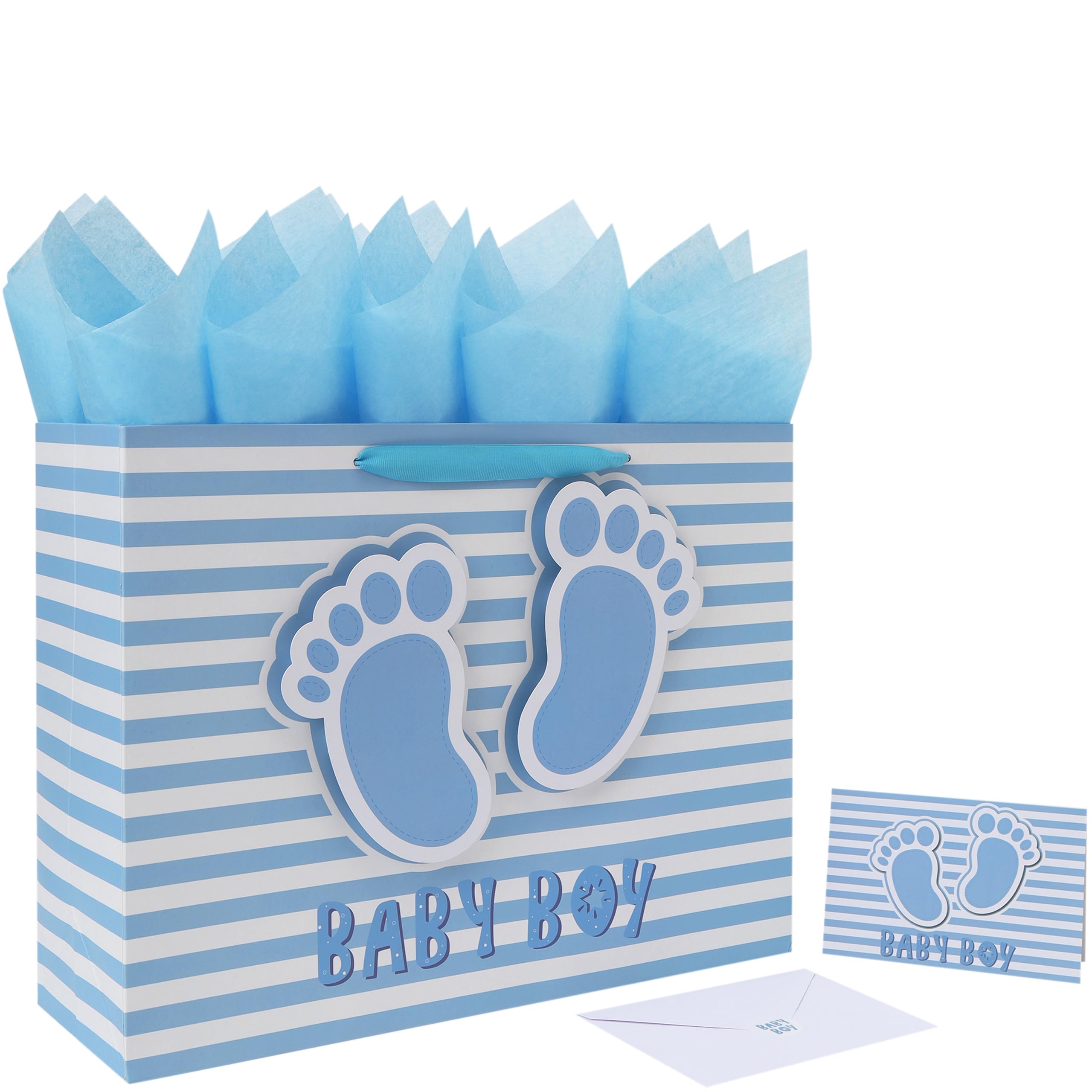 Photo 1 of 16.5'' Extra Large Baby Boy Gift Bag Set with Handles, Greeting Card, Blue Tissue Papers and Stickers for Boys Kids for Baby Shower, Boys' Birthday Party, Newborn, New Moms, Little One, 1st Baby, 3D Footprints Design, 1 Pcs