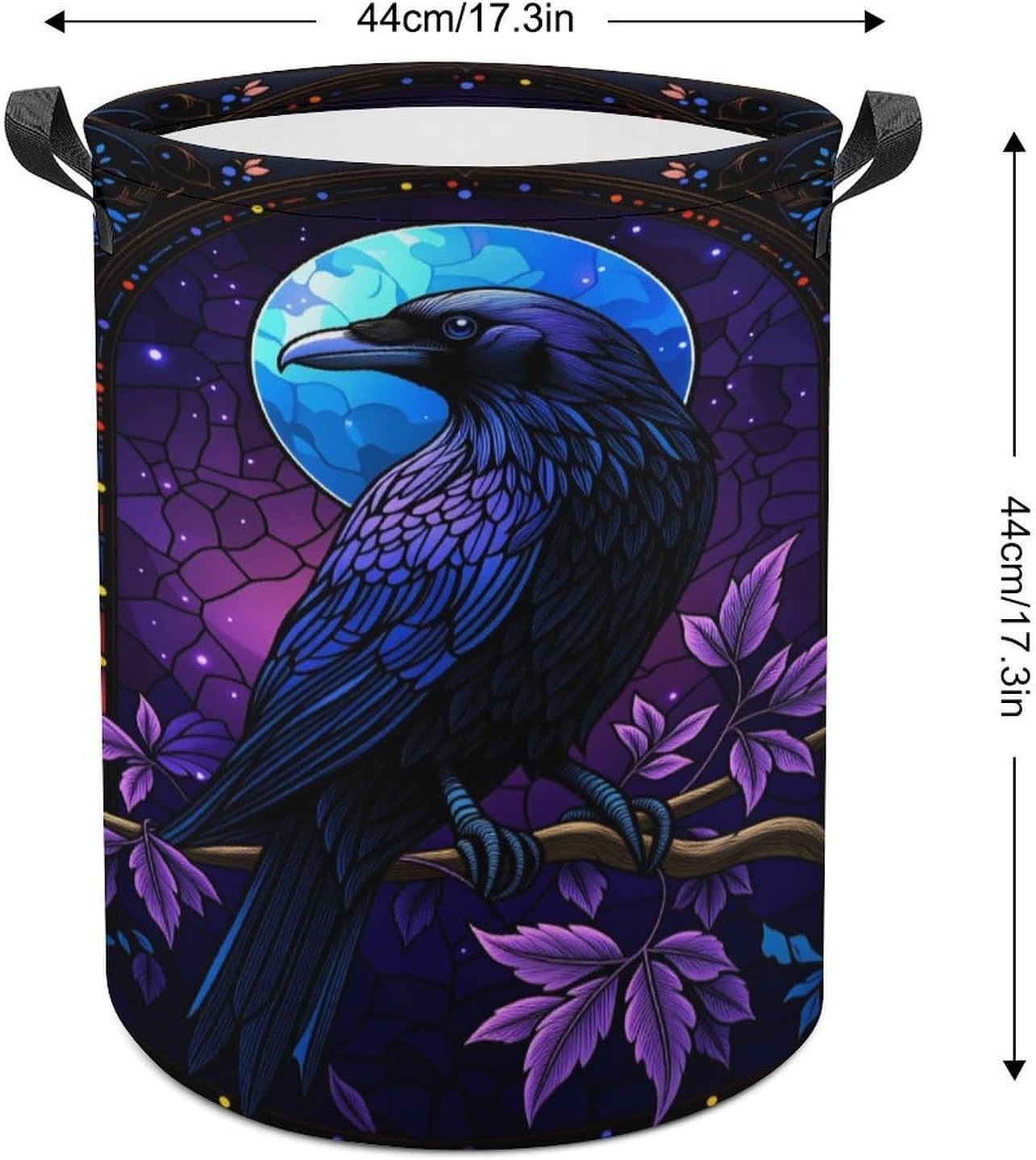 Black Raven Purple Flowers Laundry Basket, Large Collapsible Round Hamper with Hand Strap, Waterproof Clothes Bin for Bedroom, Bathroom, Dorm & Laundry Room 44x44cm